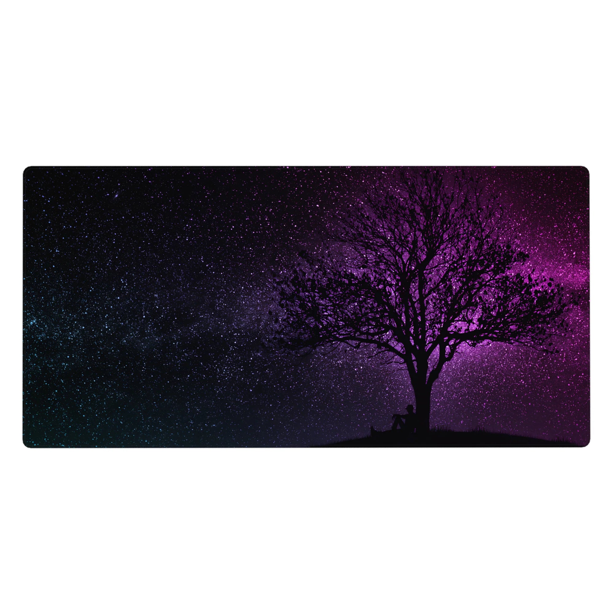 Starry night sky desk pad 40x20 inches with glittering stars and lone tree silhouette, cosmic design.