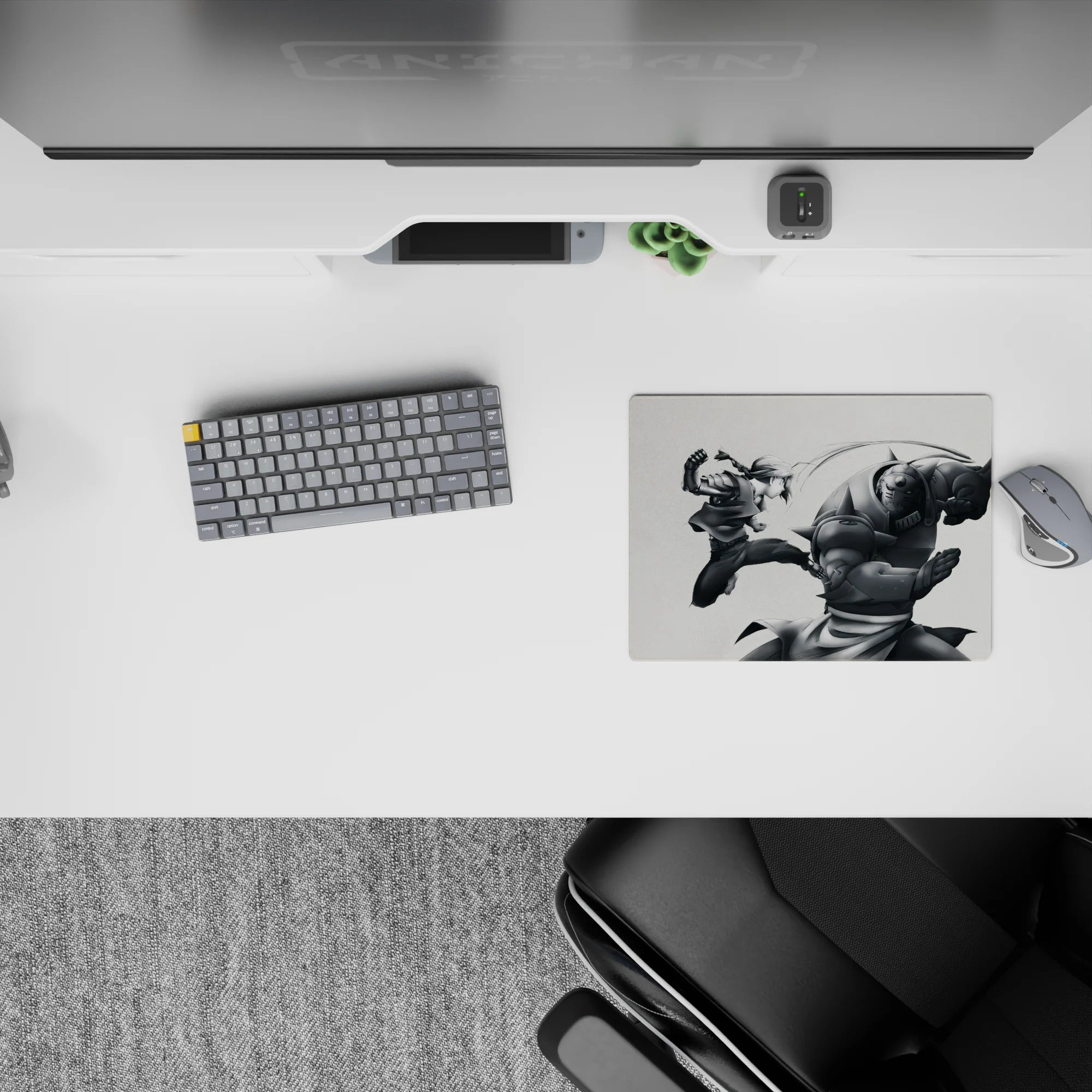 Soft gray anime mouse pad 14x10 inches, calm yet intense battle art with steel highlights.