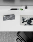 Soft gray anime mouse pad 14x10 inches, calm yet intense battle art with steel highlights.