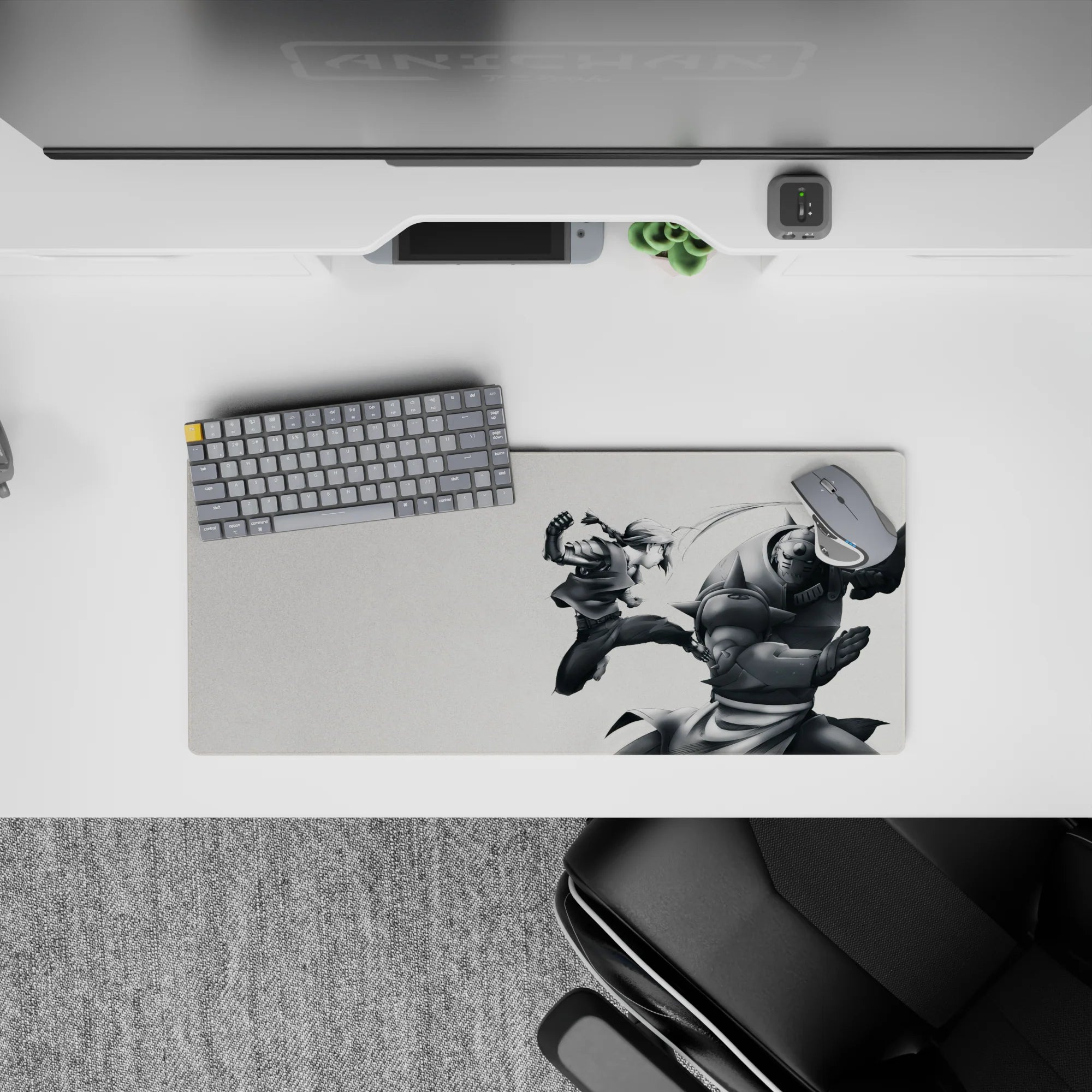 28x12 inches anime mouse pad in soft gray tones, sharp highlights, calm yet intense battle vibe.