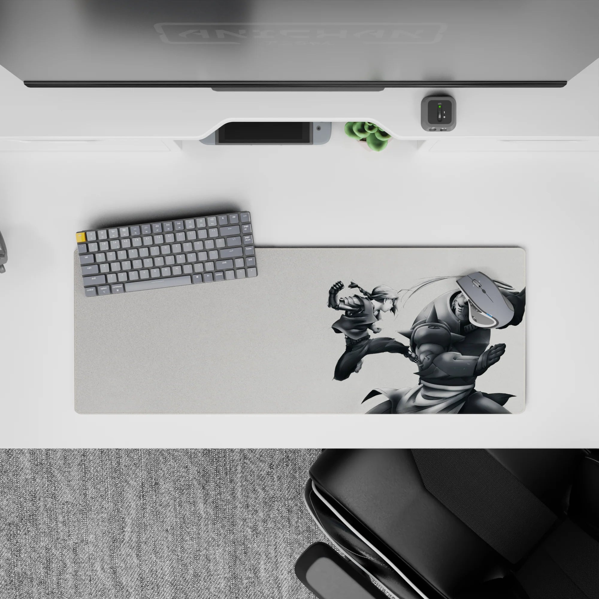 32x12 inches anime mouse pad in soft gray tones, crisp steel highlights, intense yet calming desk vibe.