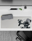 32x12 inches anime mouse pad in soft gray tones, crisp steel highlights, intense yet calming desk vibe.