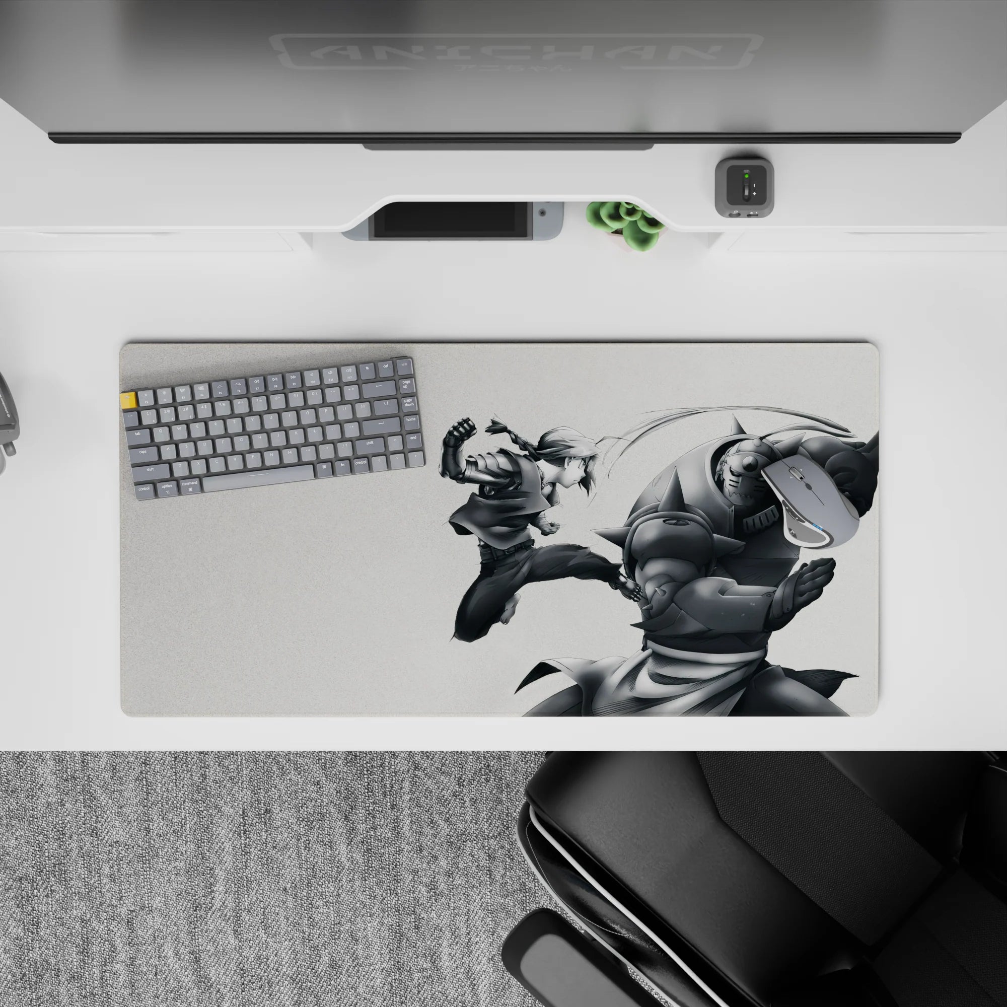 32x16 inches anime mouse pad in soft gray tones with sharp motion lines, intense yet calming desk aesthetic.