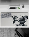 32x16 inches anime mouse pad in soft gray tones with sharp motion lines, intense yet calming desk aesthetic.