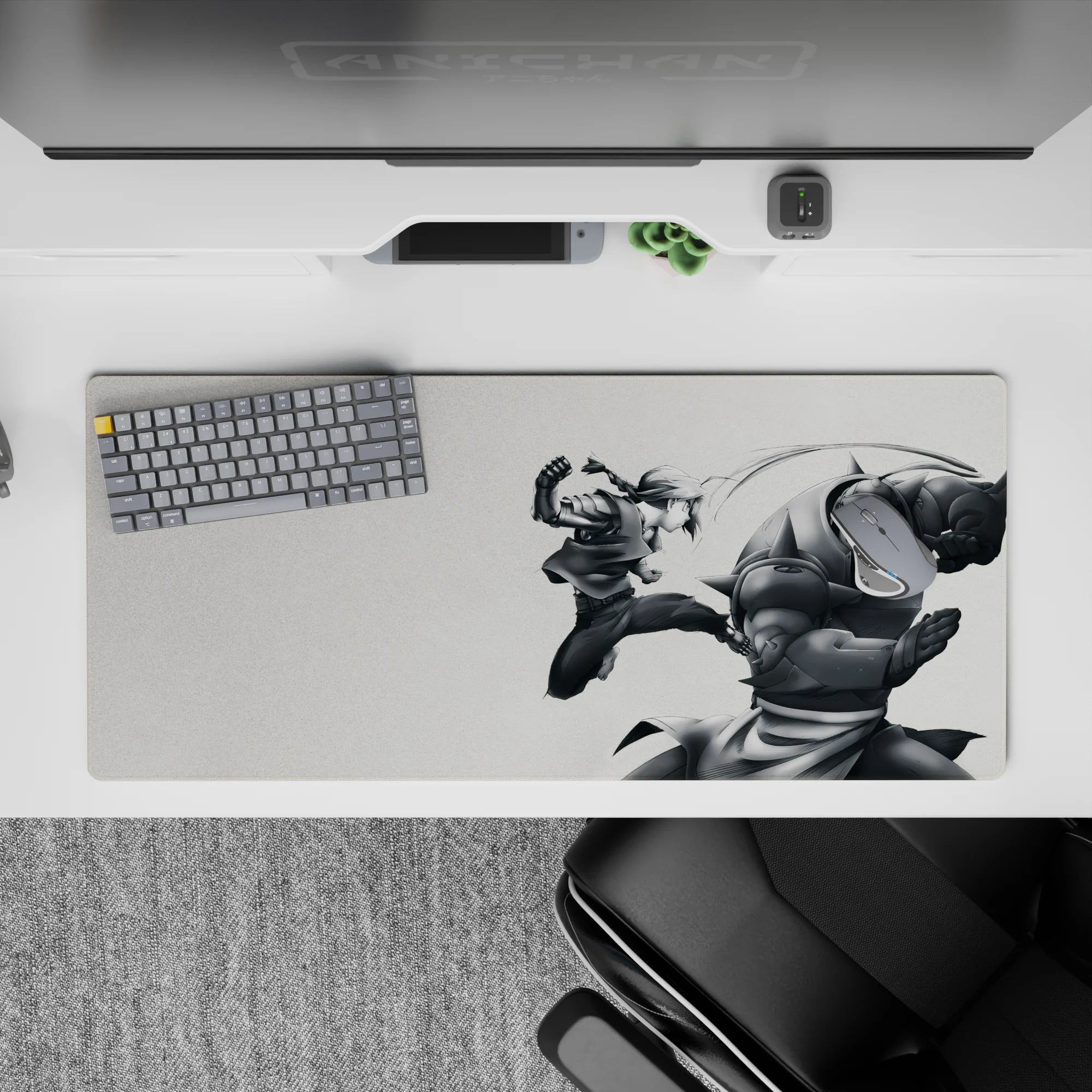 36x16 inches anime desk pad in soft gray tones, intense yet calming battle art with sharp highlights.
