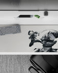 36x16 inches anime desk pad in soft gray tones, intense yet calming battle art with sharp highlights.