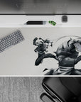 40x20 inches anime desk pad in soft gray tones with sharp motion lines, calm yet intense vibe.