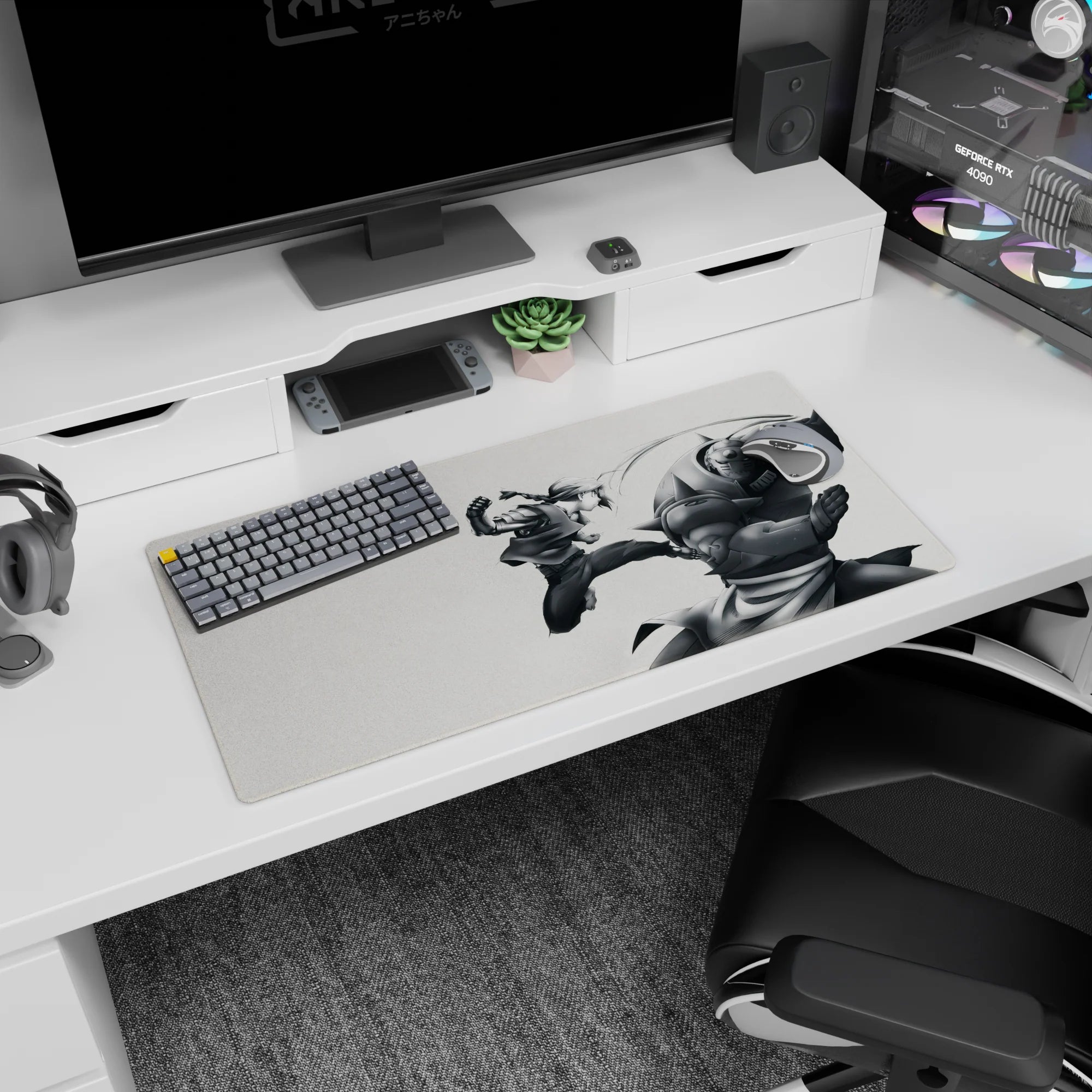 32x16 inches anime mouse pad showing braided fighter midair kicking a spiked armored giant, fists raised.