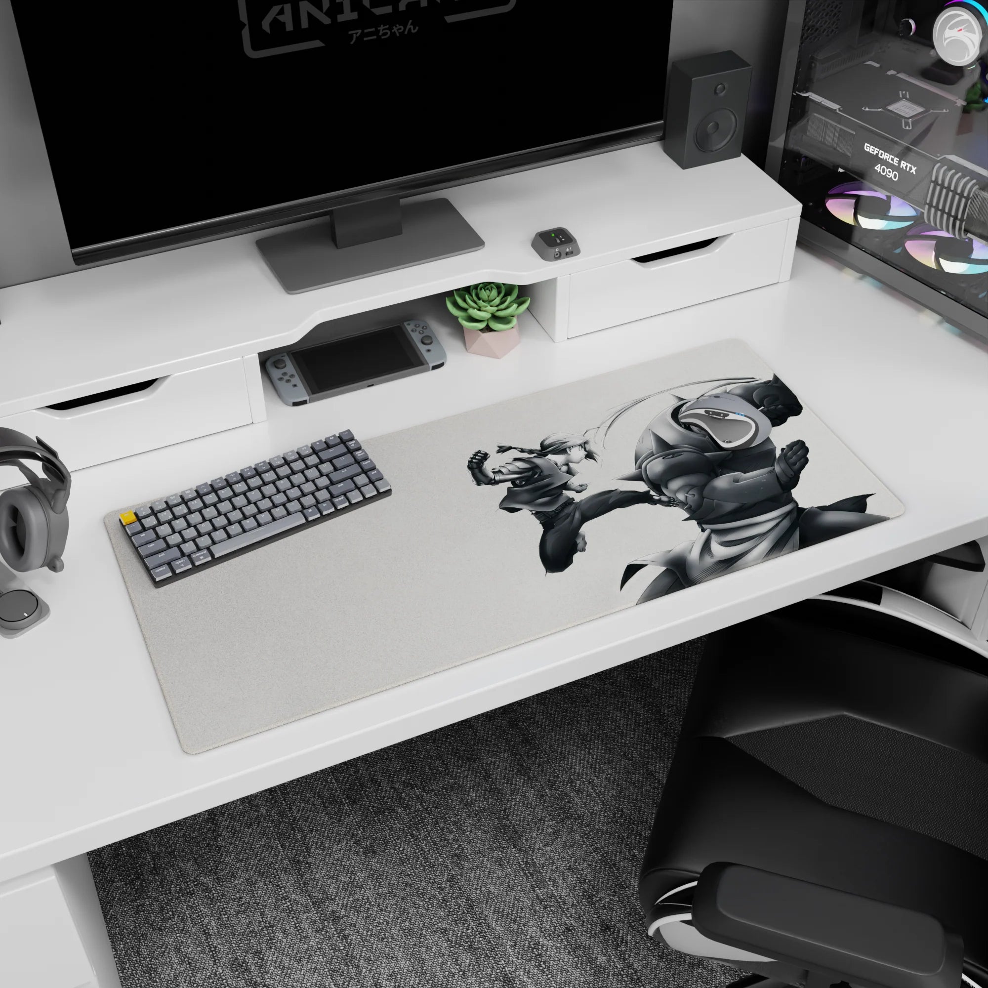 36x16 inches anime desk pad showing braided martial artist midair kick versus towering spiked armor.