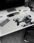 40x20 inches anime desk pad showing braided martial artist kicking a towering spiked suit of armor.
