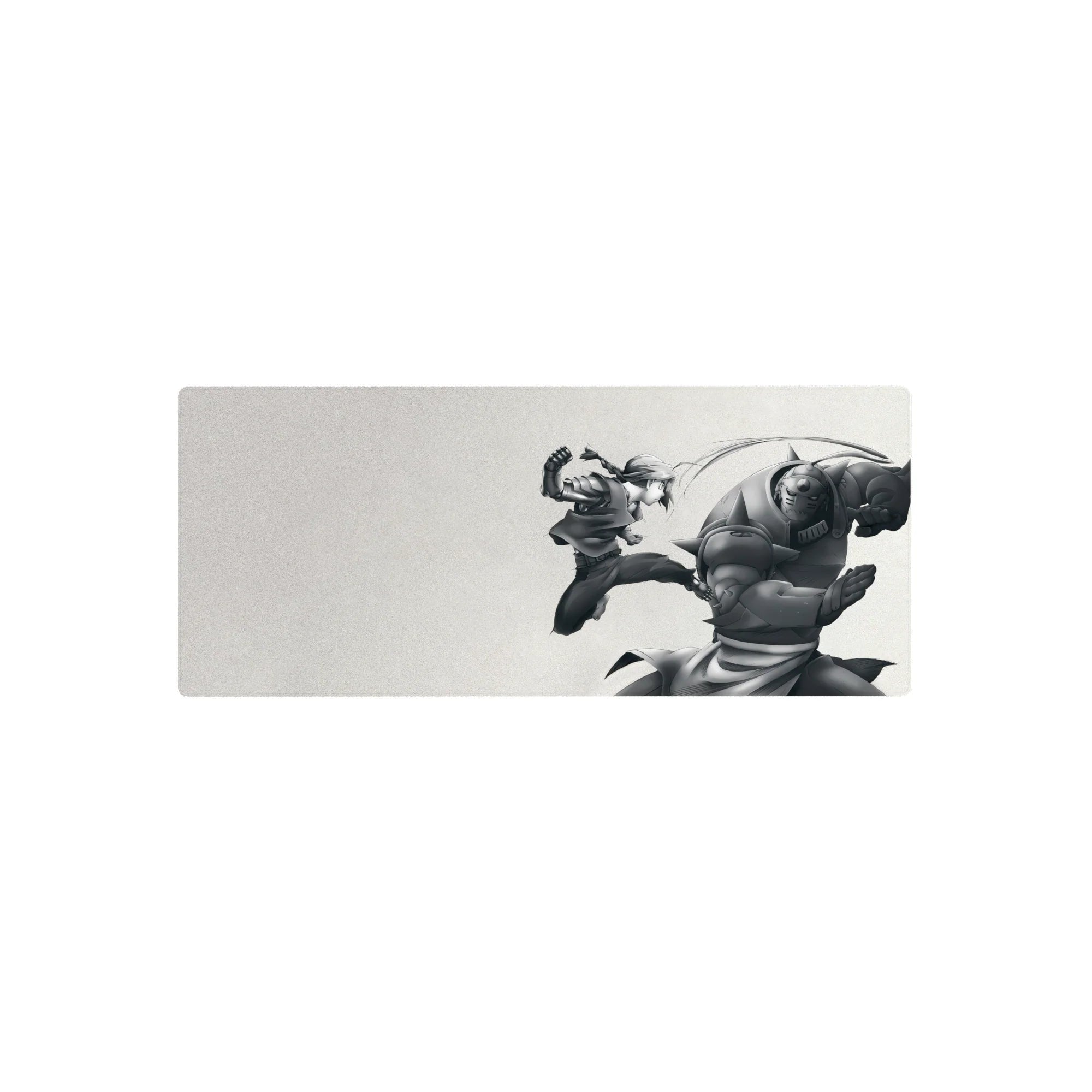28x12 inches anime mouse pad with braided fighter flying kick vs towering spiked armor, crisp motion lines.