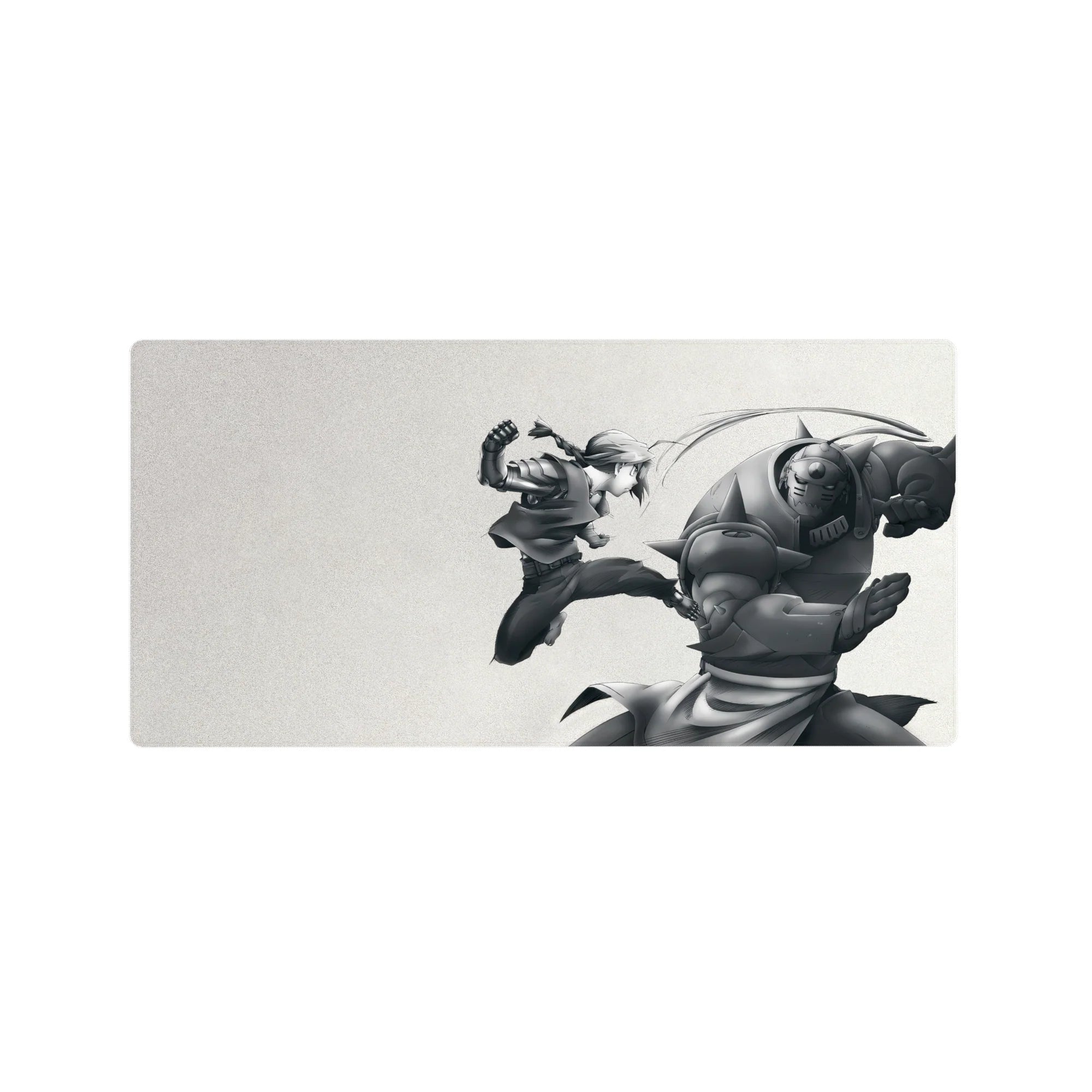 32x16 inches anime mouse pad with braided fighter flying kick vs towering spiked armor, crisp battle print.