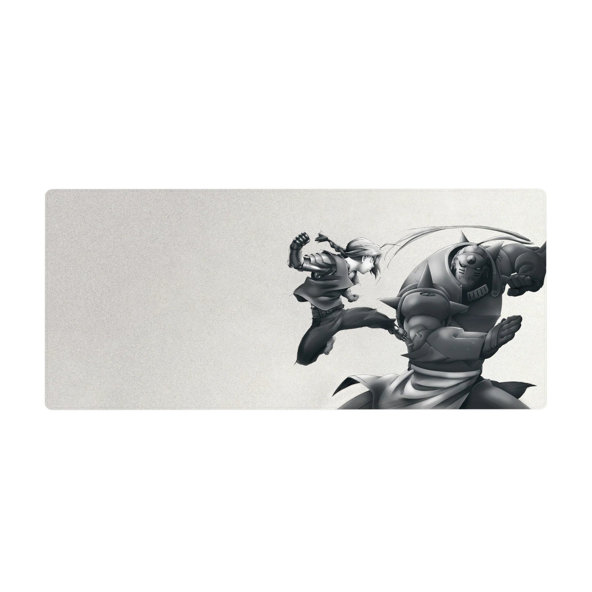 36x16 inches anime desk pad with braided fighter flying kick at spiked armor, crisp motion lines.