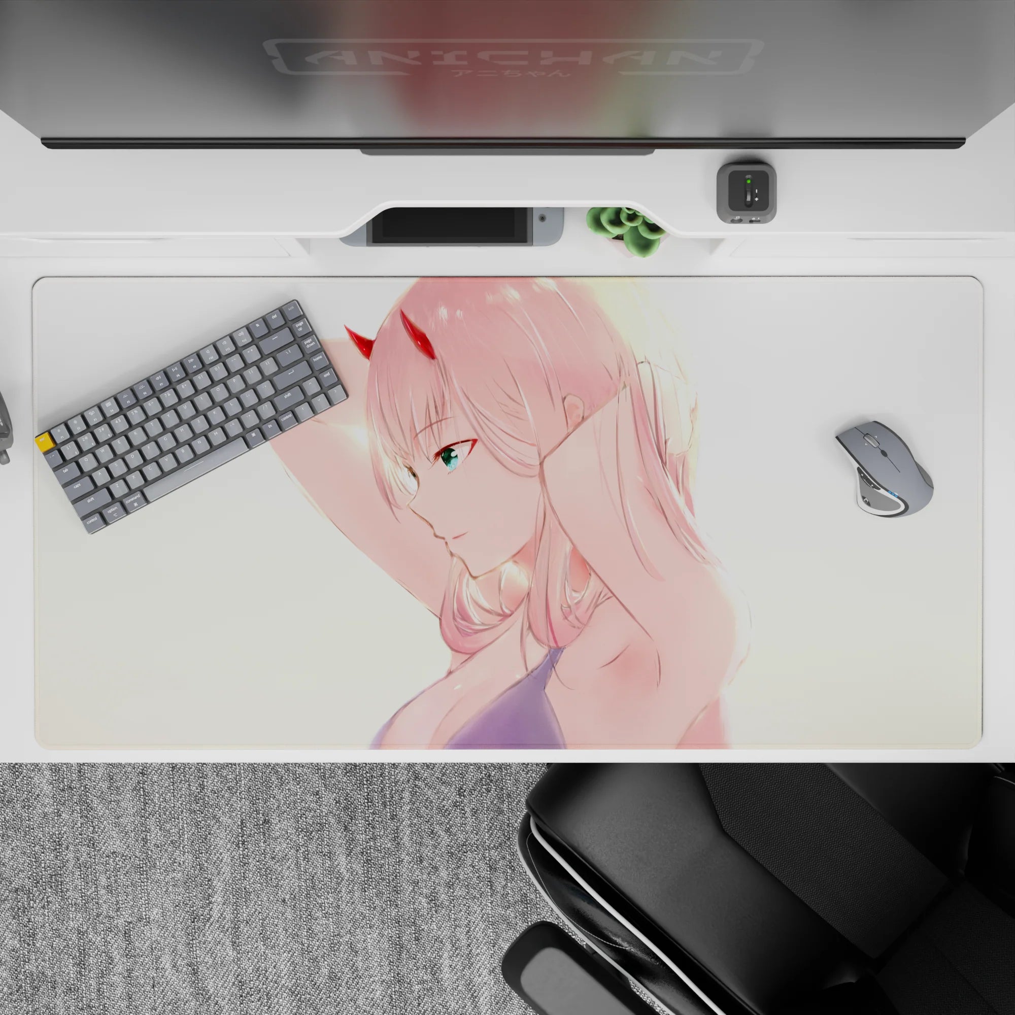 40x20 inches mouse pad showcasing Zero Two, with a golden glow, pink hair, and cyan eyes for a stunning, confident look.