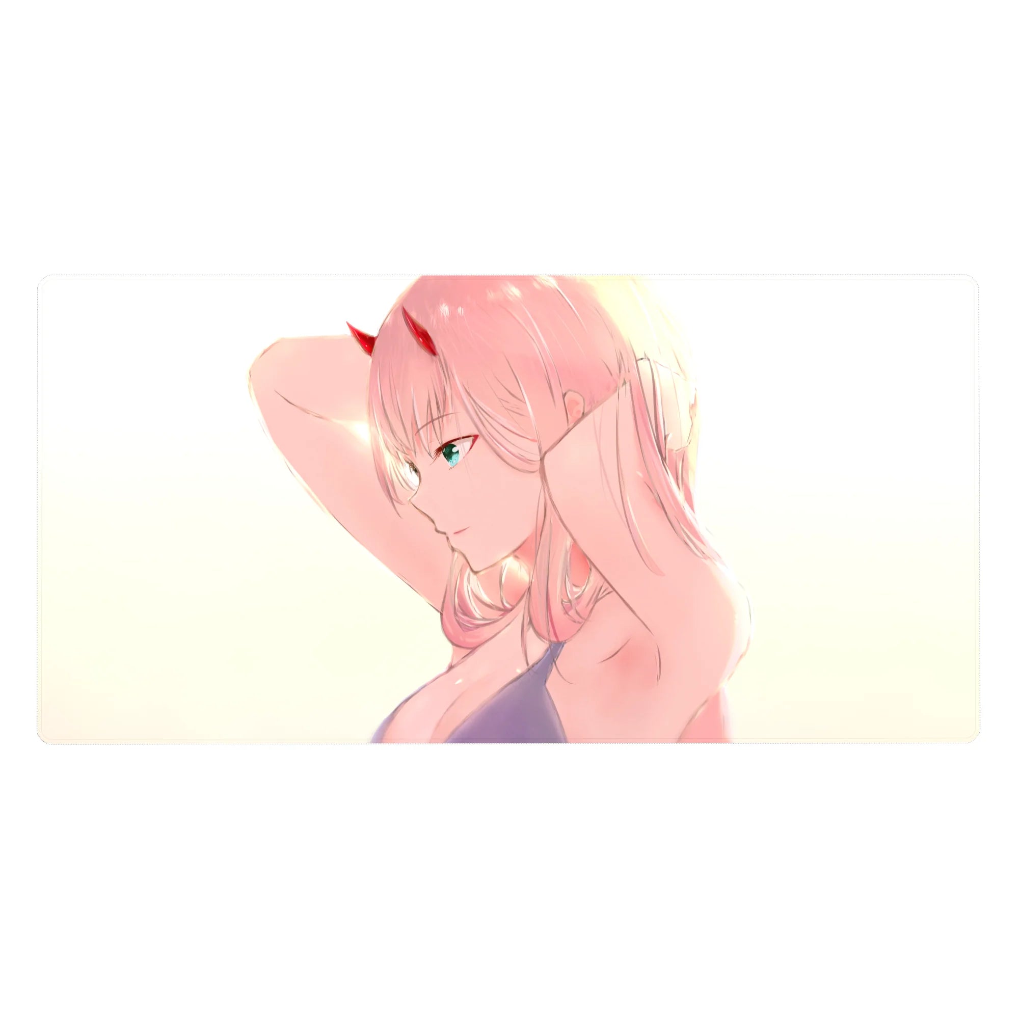 Mouse pad featuring Zero Two from Darling in the Franxx, 40x20 inches, with a warm golden glow highlighting her pink hair and cyan eyes.