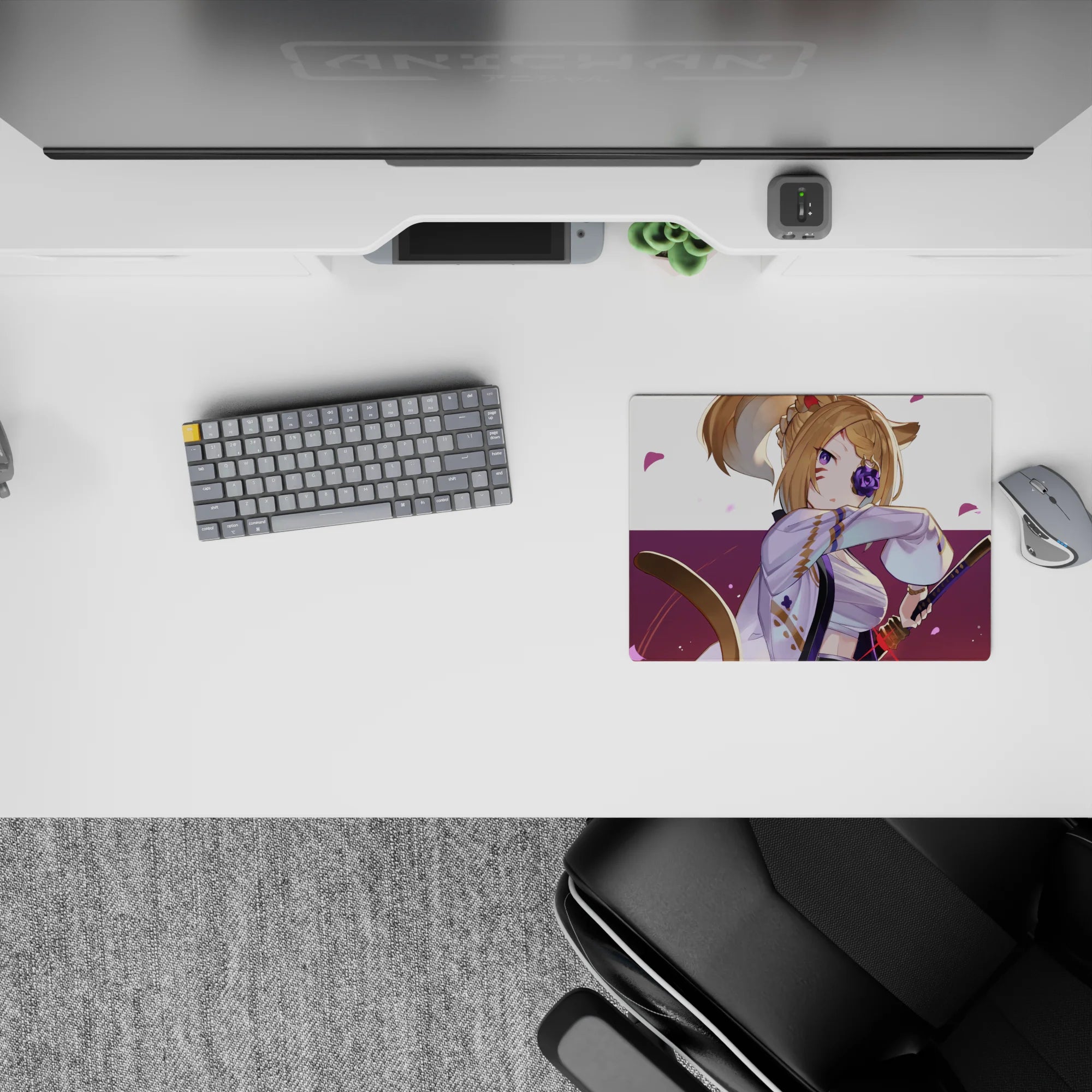 Lavender and plum anime girl mouse pad, 14x10 inches, cozy bold vibe with pink petal confetti.