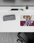 Lavender and plum anime girl mouse pad, 14x10 inches, cozy bold vibe with pink petal confetti.