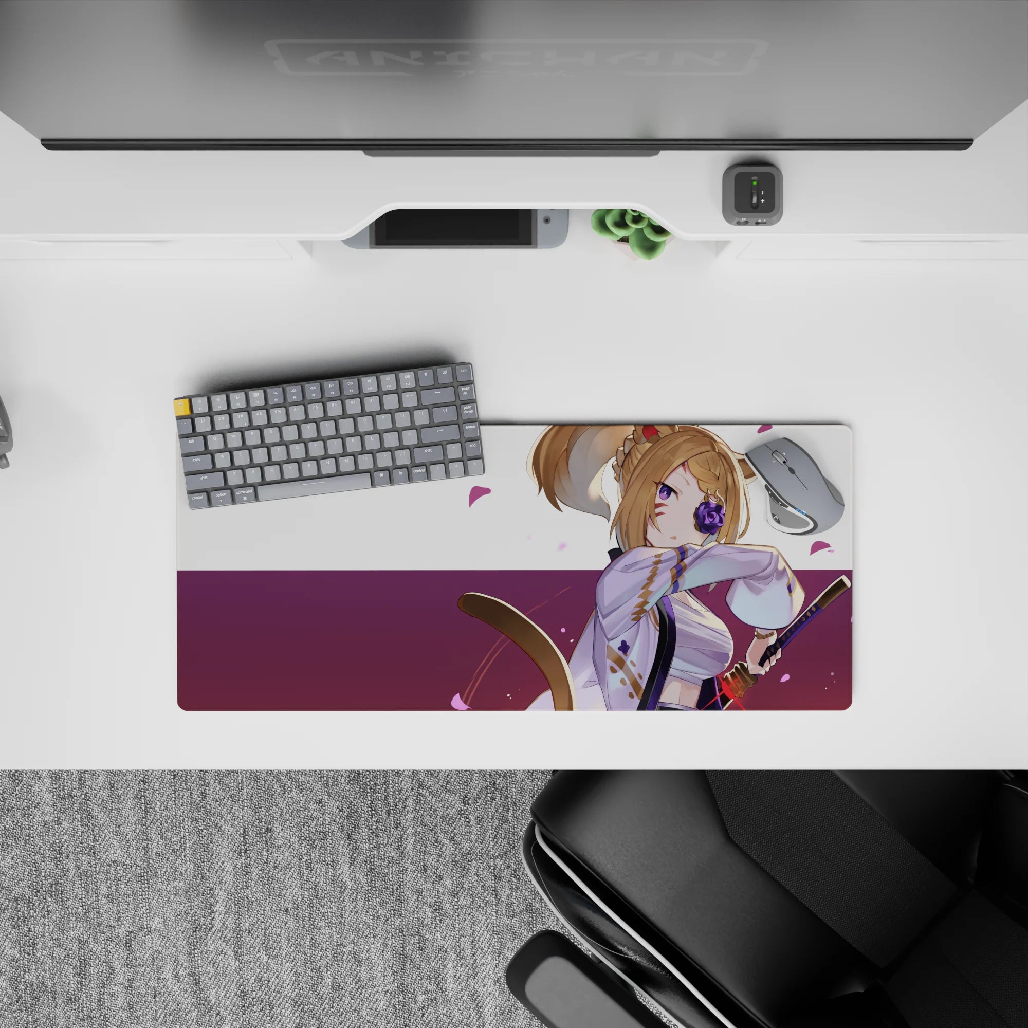 28x12 inches anime desk mat in lavender, plum, and pink petal tones for a cozy bold samurai vibe.