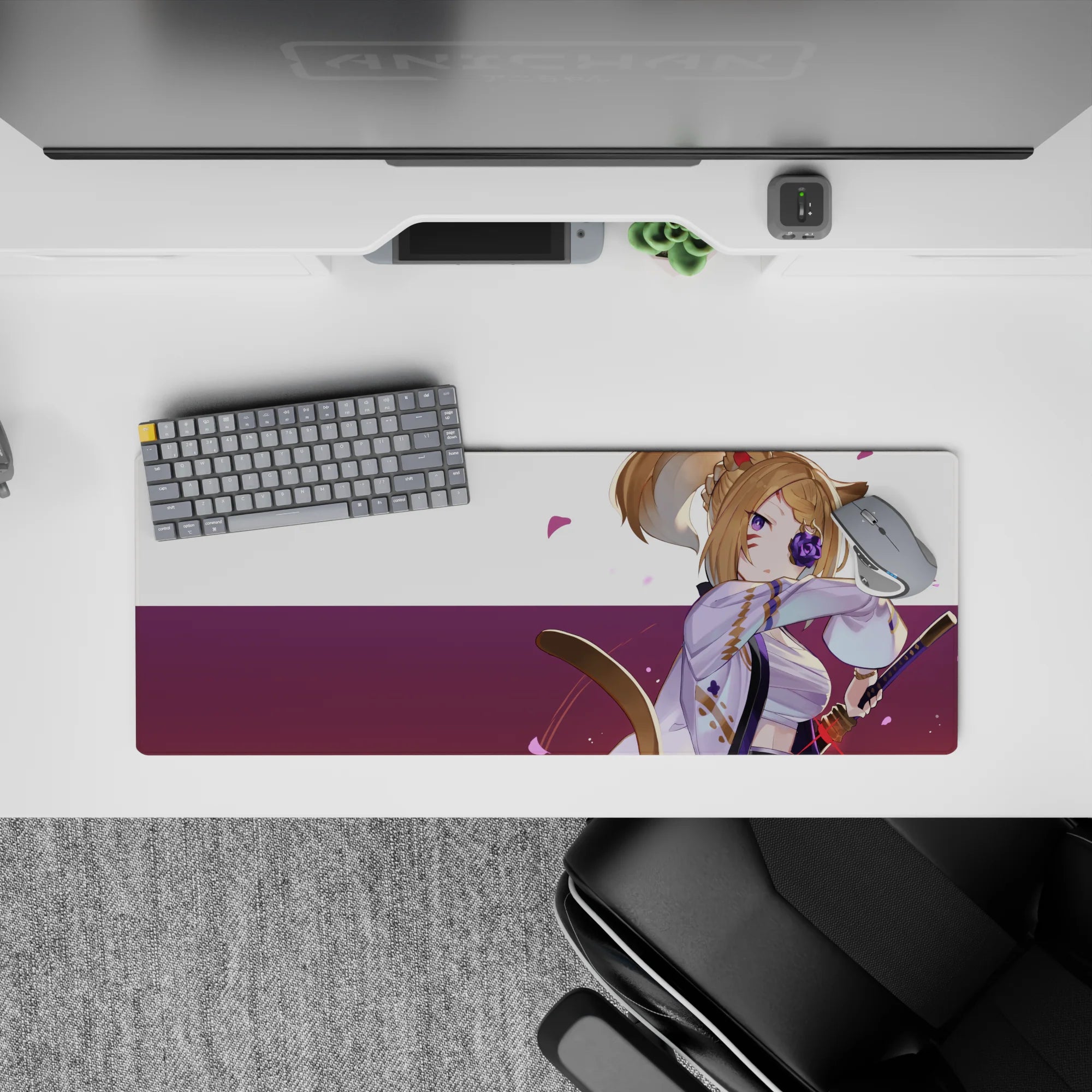 32x12 inches anime girl mouse pad in soft lavender and deep plum, cozy bold vibe with floating pink petals.