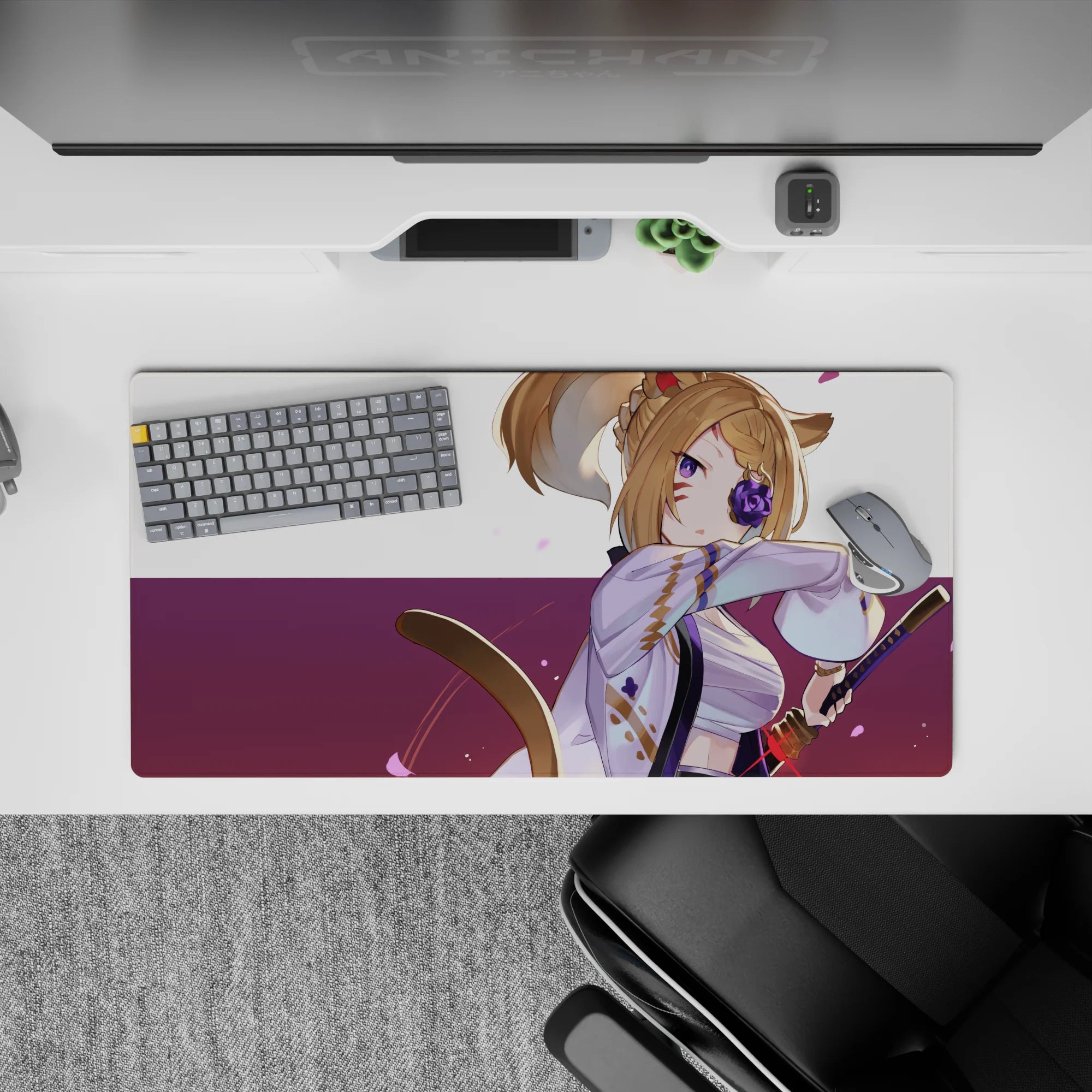 32x16 inches anime girl mouse pad in cozy plum, lavender, and pink petals, bold yet soft desk vibe.