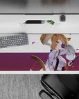 Cozy bold anime desk pad in lavender, violet, and deep plum with floating pink petals, 36x16 inches.