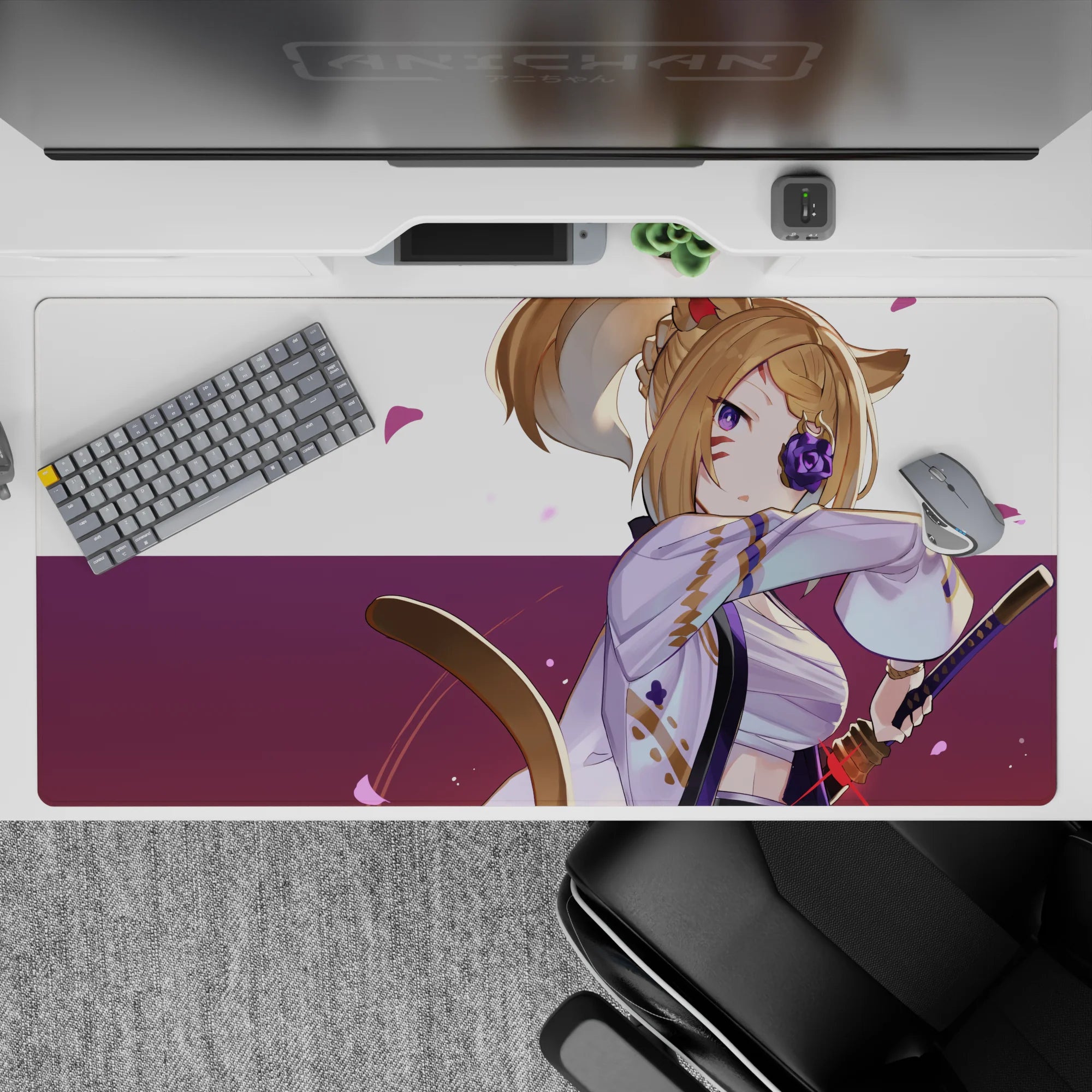 Cozy bold lavender and plum anime desk pad 40x20 inches with pink petals and clean line art.