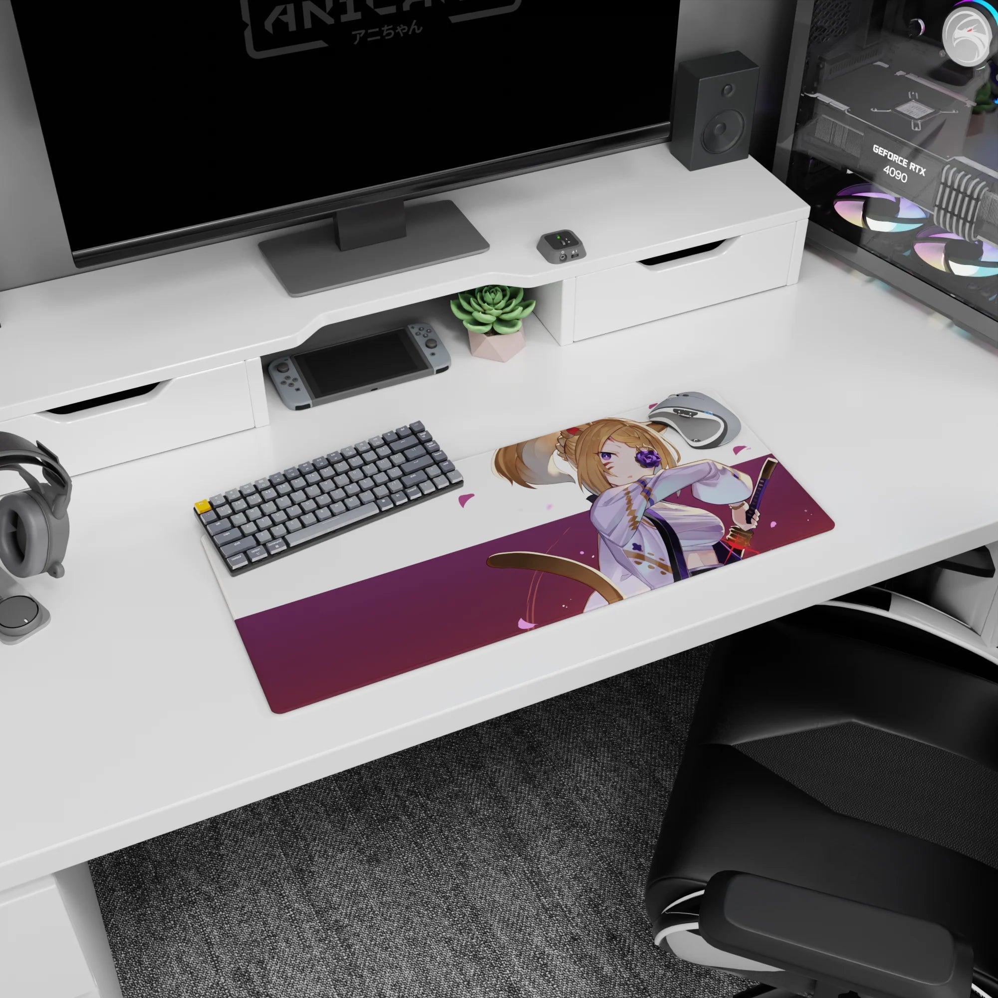 28x12 inches anime girl mouse pad showing a tan-haired fox-eared samurai with violet rose eyepatch.