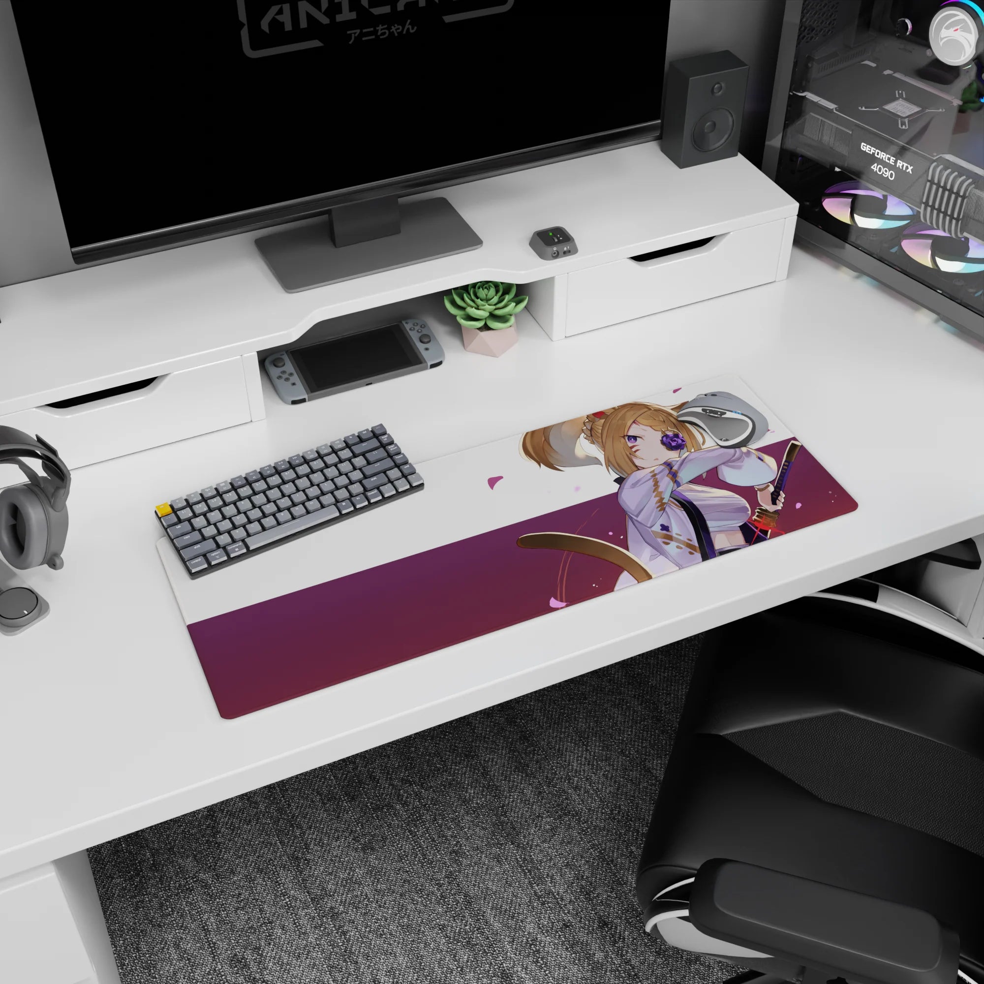 32x12 inches anime girl mouse pad showing tan-haired fox samurai girl with sword and violet rose eyepatch.