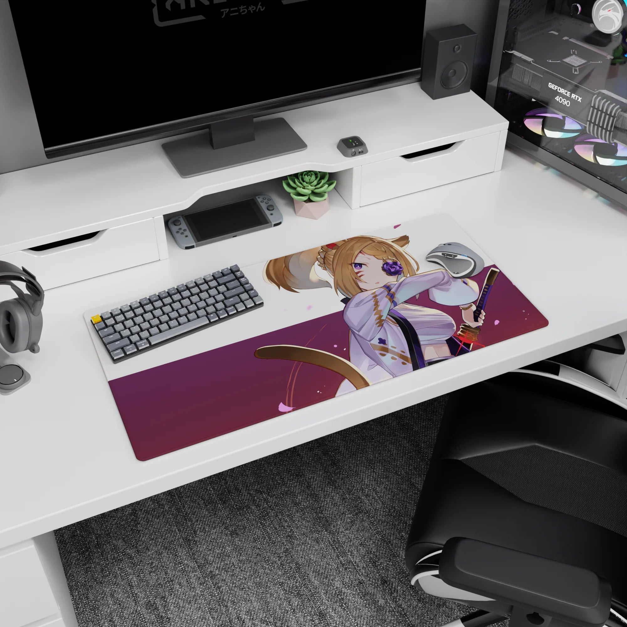 32x16 inches anime girl mouse pad showing a fox-eared samurai girl with violet rose eyepatch amid petals.