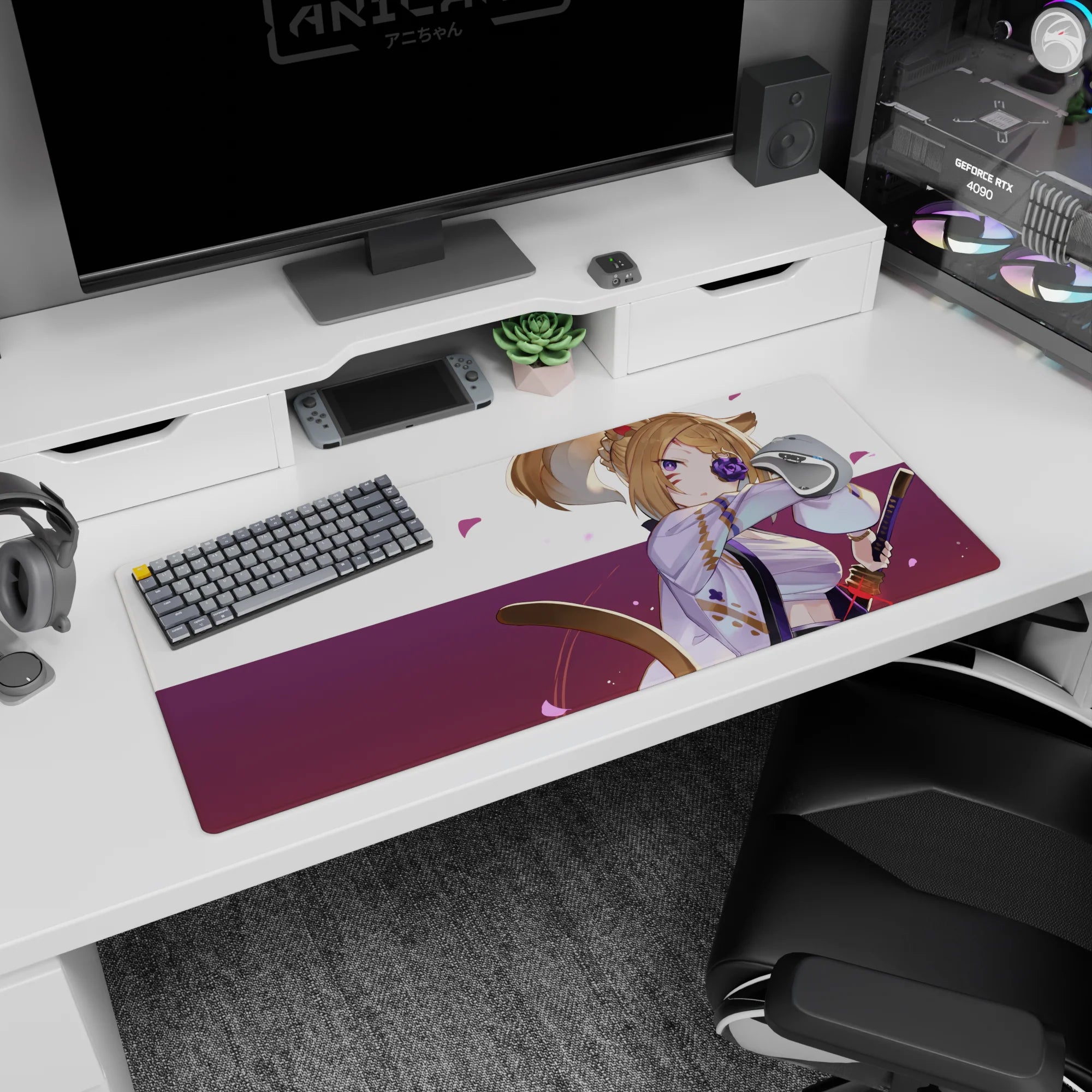 Anime fox-girl samurai with rose eyepatch and katana, tan hair and petals scene desk pad, 36x16 inches.