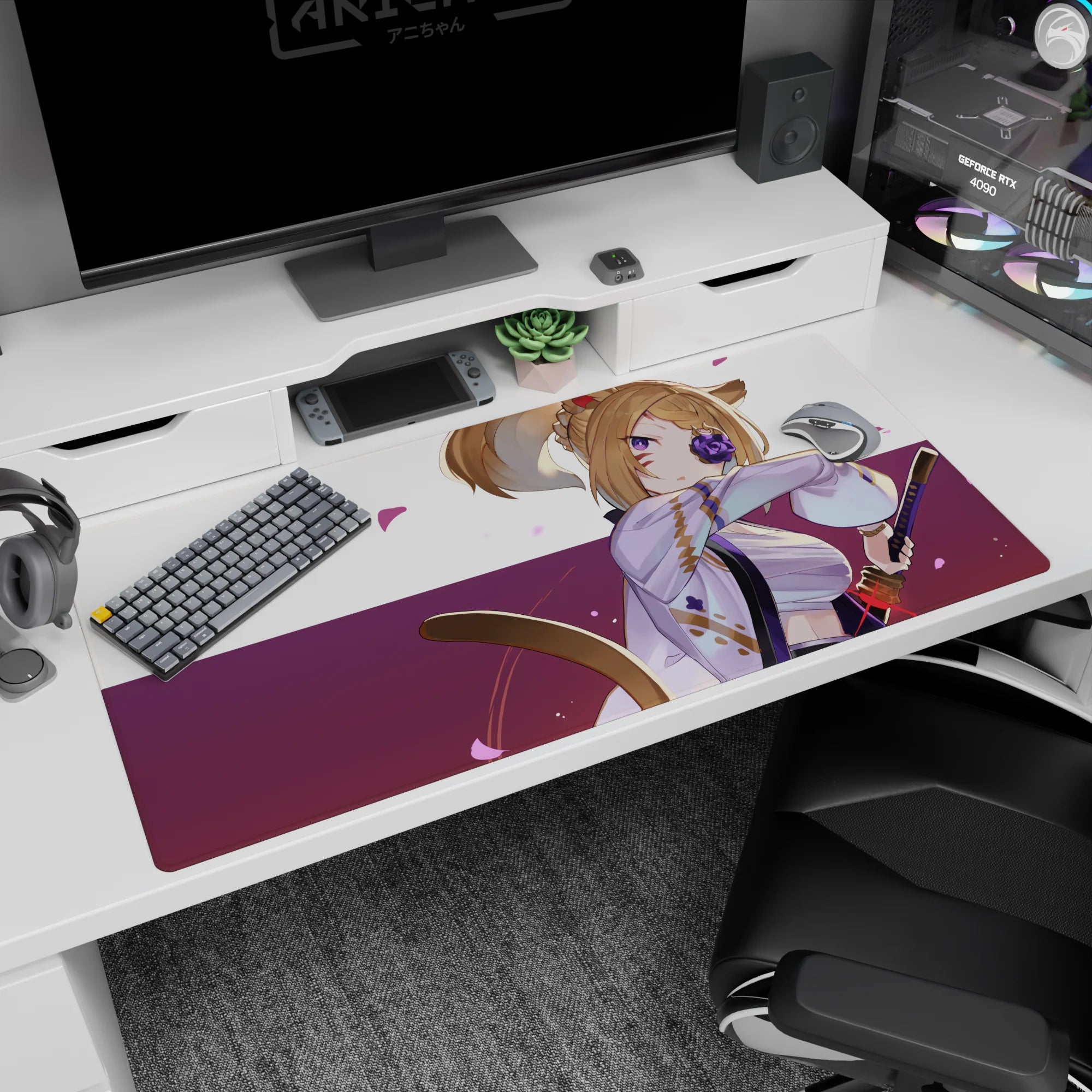 Tan-haired fox-eared samurai girl with violet rose eyepatch on desk pad 40x20 inches.