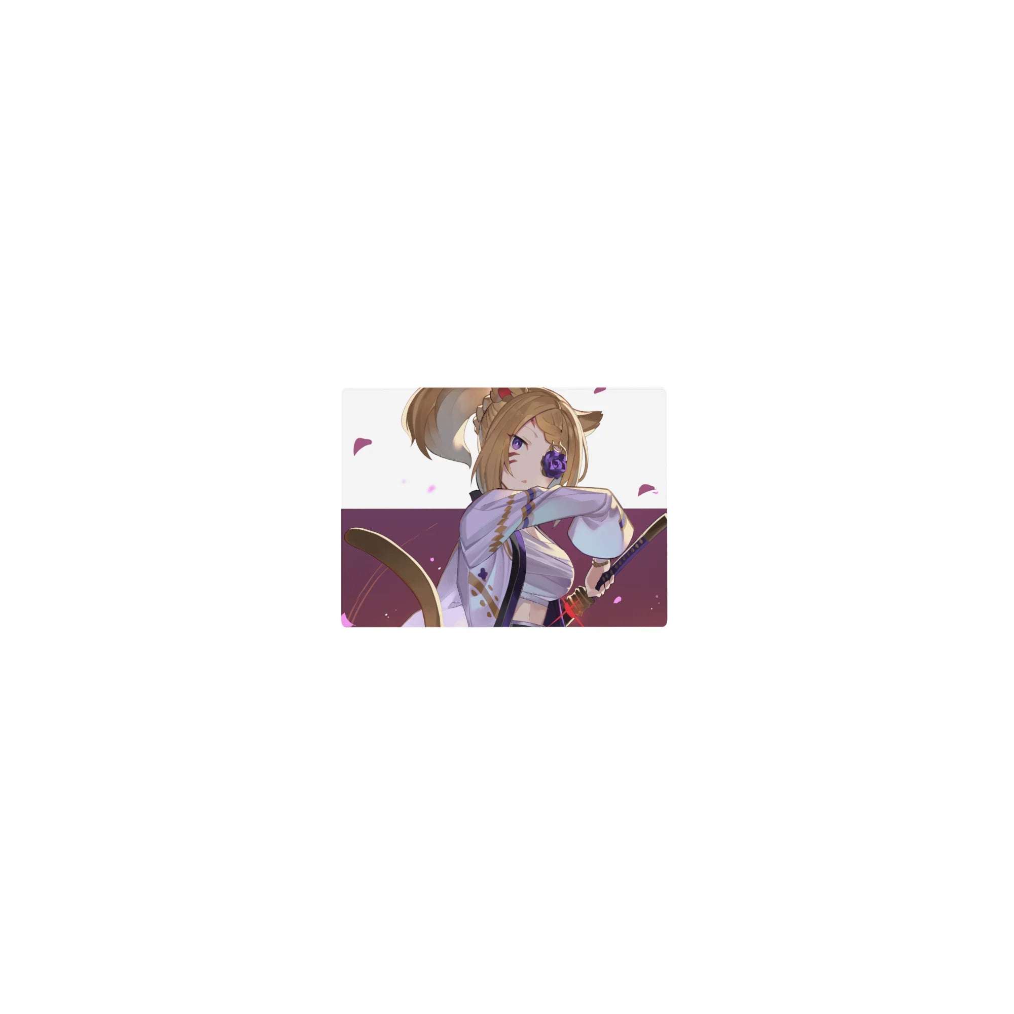 Classic anime fox-girl swordswoman mouse pad, 14x10 inches, kimono, rose eyepatch, floating petals.