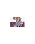 Classic anime fox-girl swordswoman mouse pad, 14x10 inches, kimono, rose eyepatch, floating petals.