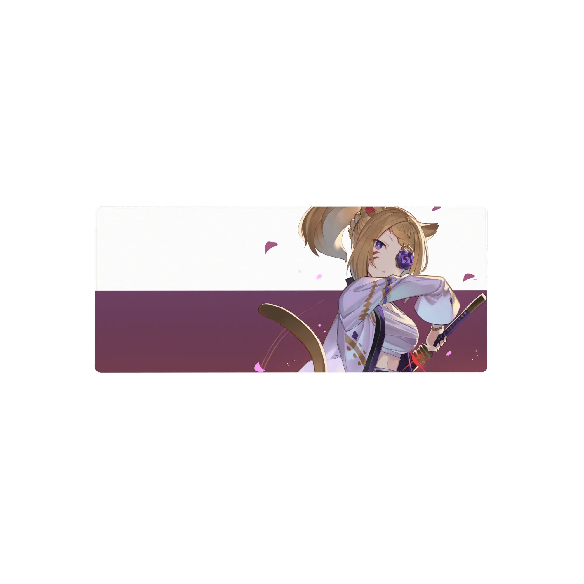 28x12 inches anime girl mouse pad with fox-girl swordswoman in lavender kimono, rose eyepatch, petals.