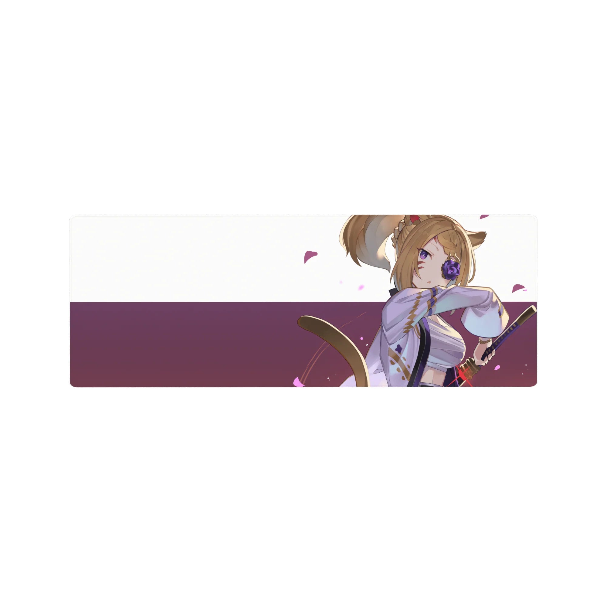 32x12 inches anime girl mouse pad with fox-girl swordswoman in lavender kimono, rose eyepatch, petals.