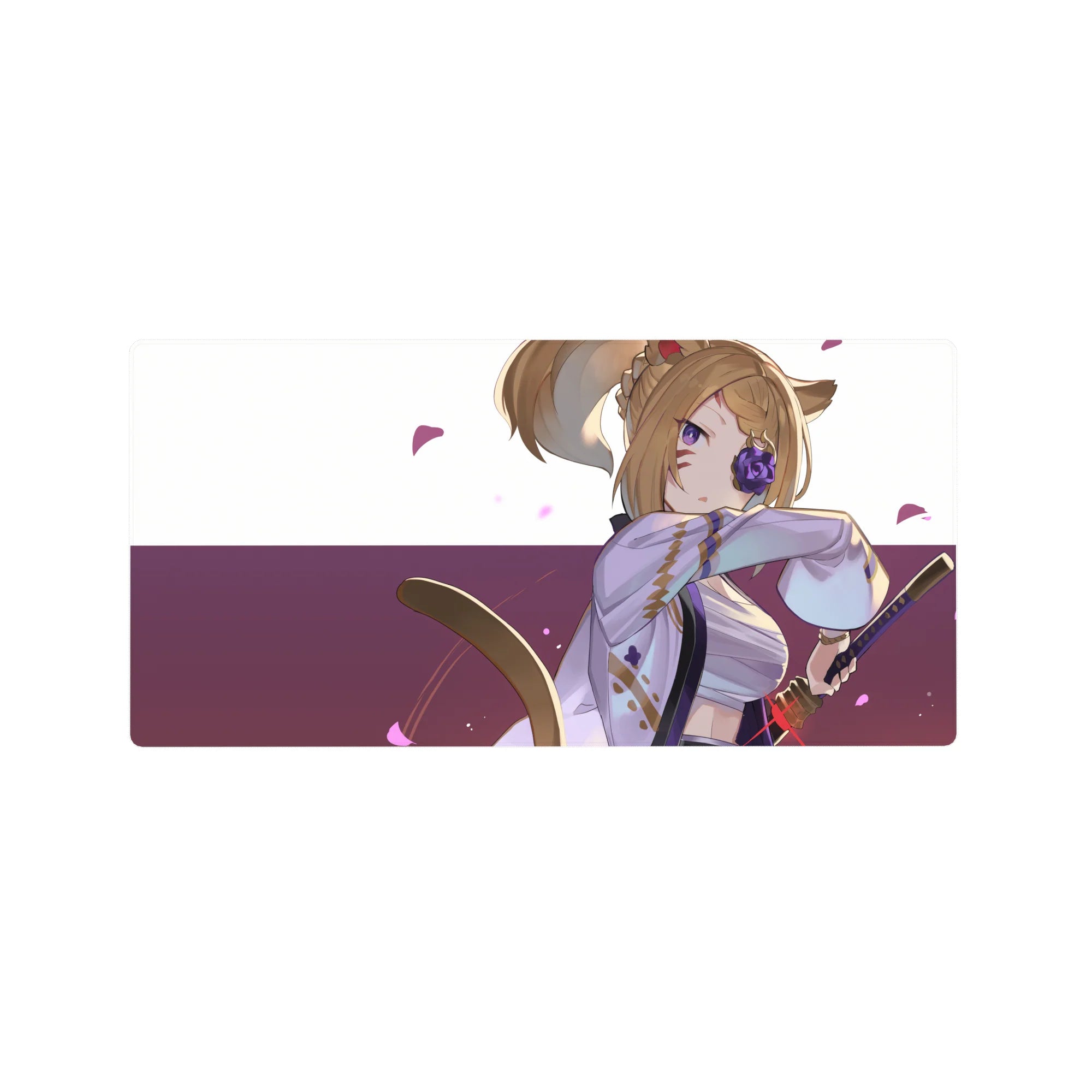 32x16 inches anime girl mouse pad with fox-girl swordswoman in lavender kimono and rose eyepatch.