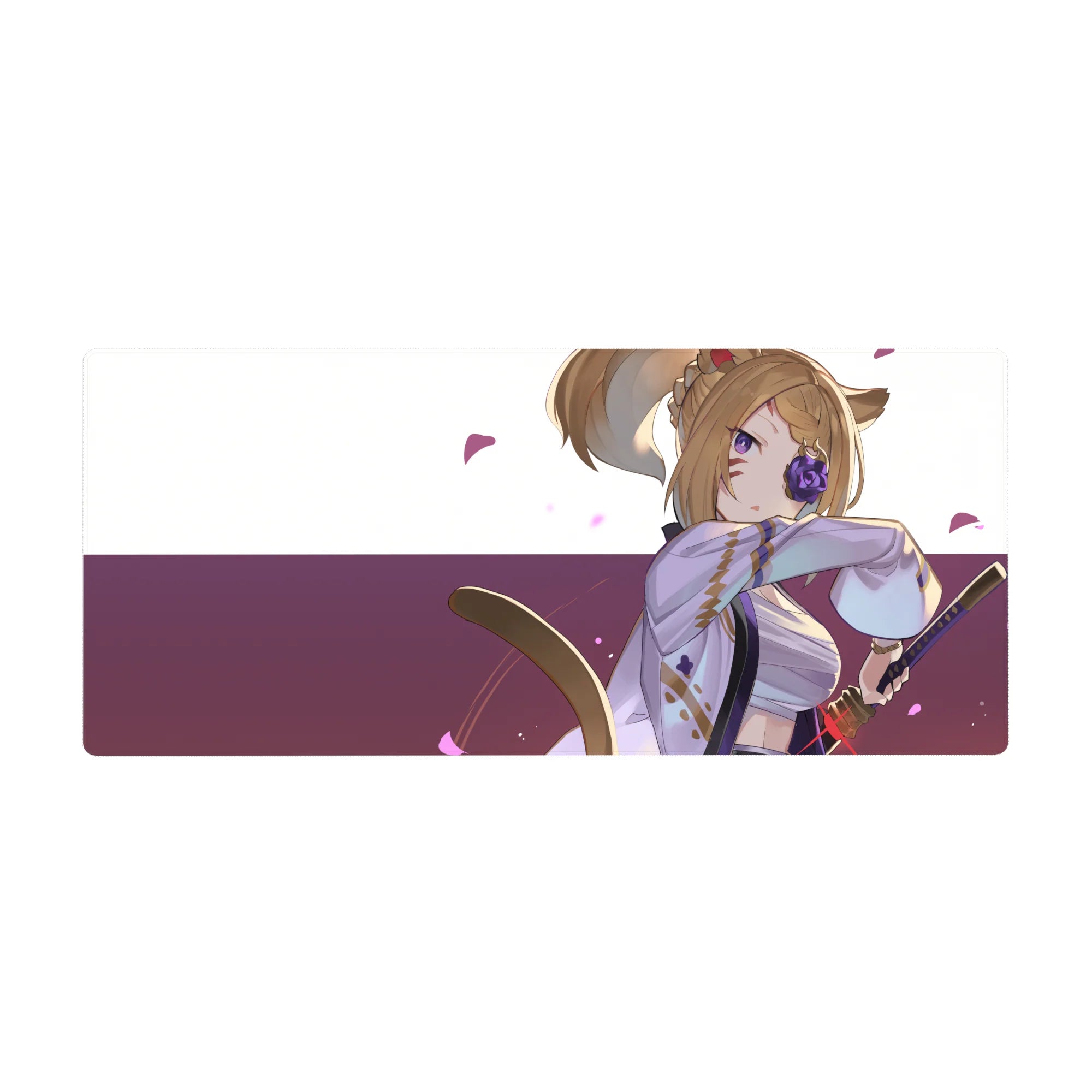 Anime fox-girl swordswoman desk pad mouse mat, lavender kimono, plum band, 36x16 inches.