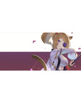 Anime fox-girl swordswoman desk pad mouse mat, lavender kimono, plum band, 36x16 inches.