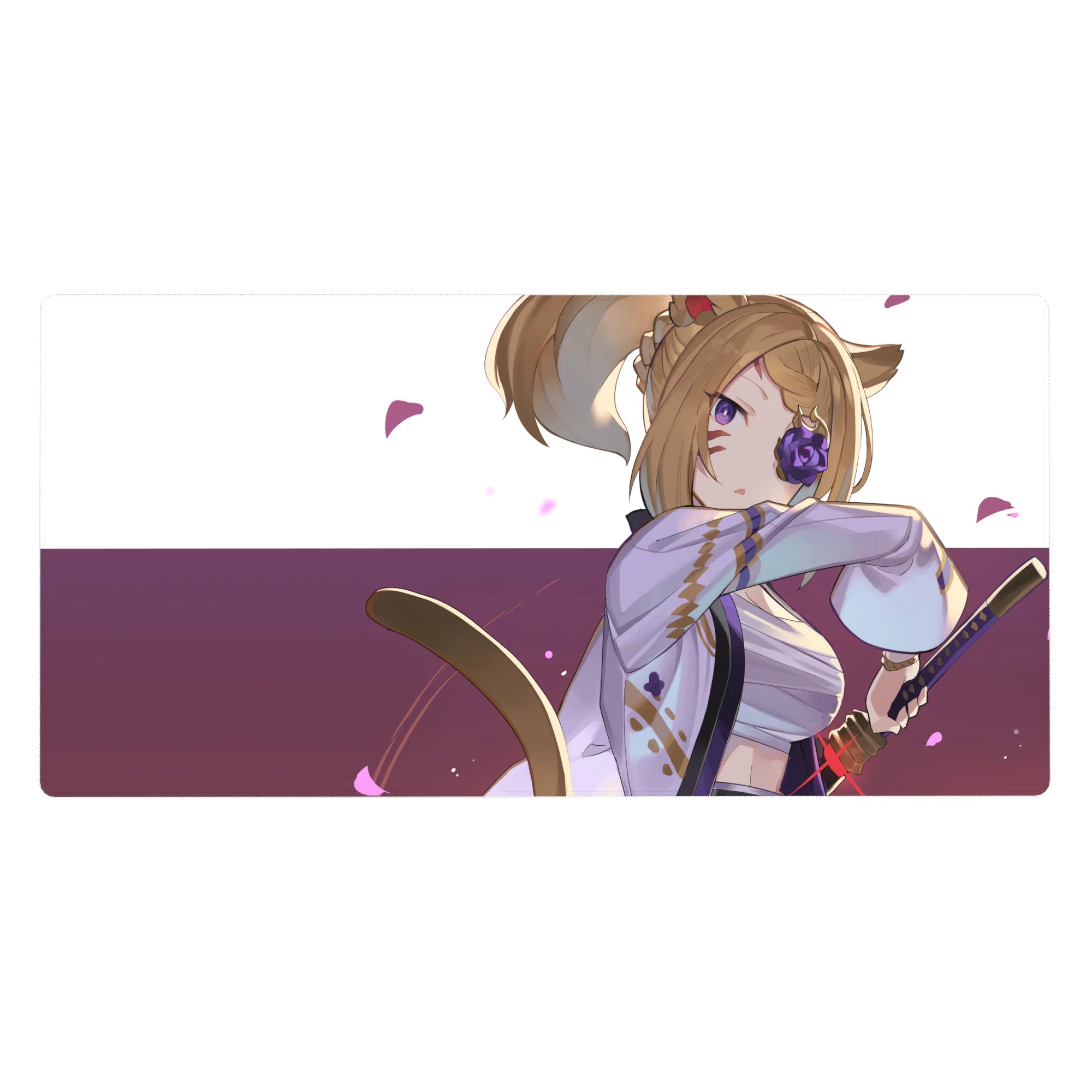 Anime fox-girl swordswoman desk pad 40x20 inches with kimono, eyepatch, and floating petals.