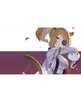 Anime fox-girl swordswoman desk pad 40x20 inches with kimono, eyepatch, and floating petals.