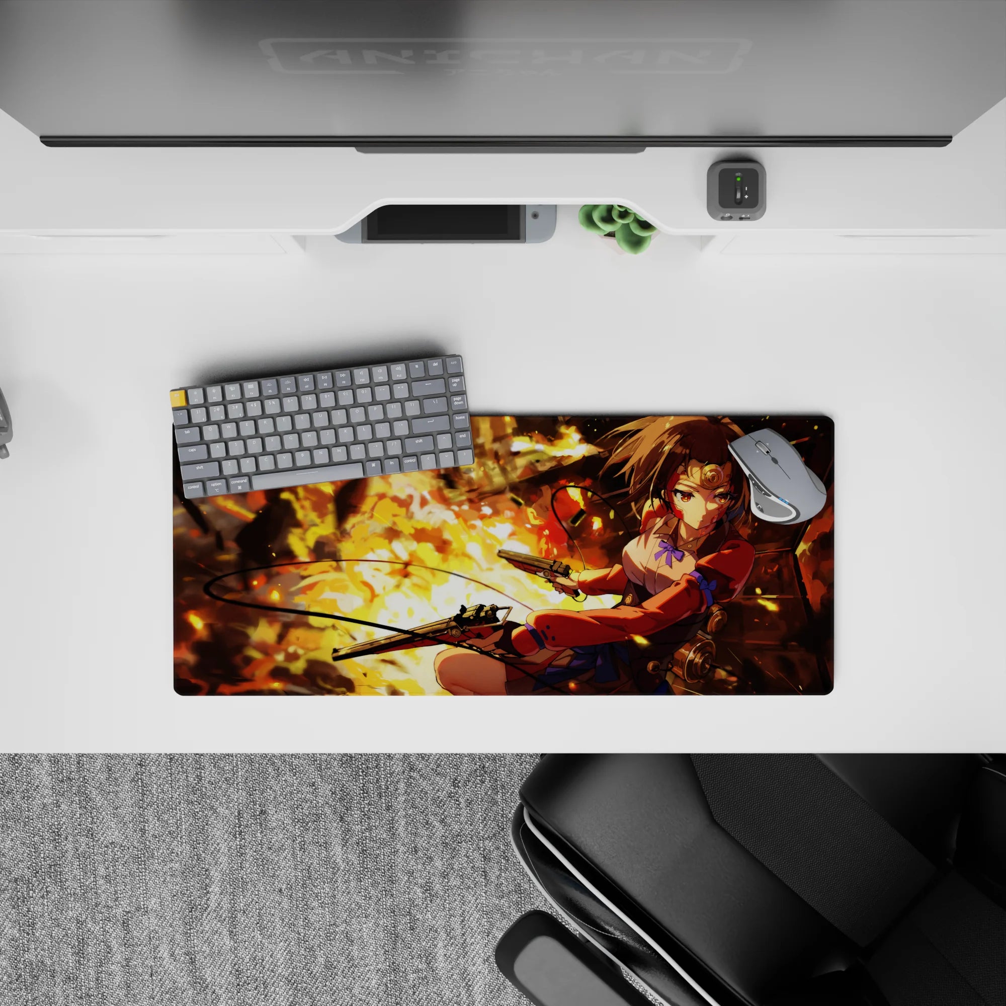 Fiery orange-gold ember glow anime mouse pad 28x12 inches with smoky shadows and fast action vibe.