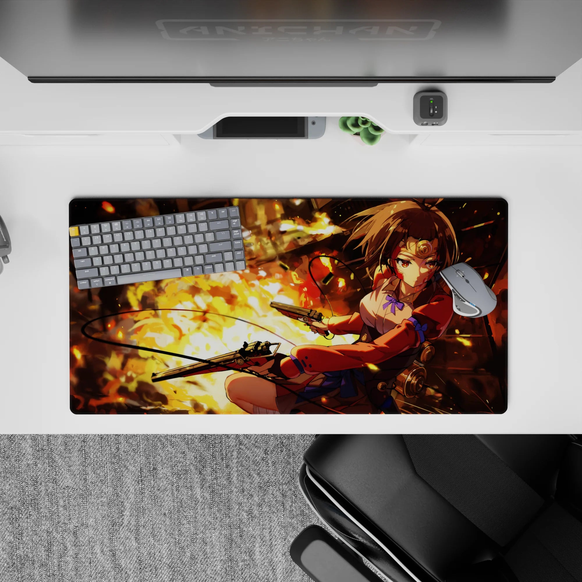 32x16 inches anime girl mouse pad in fiery orange-gold glow, smoky shadows, and bright red accents.