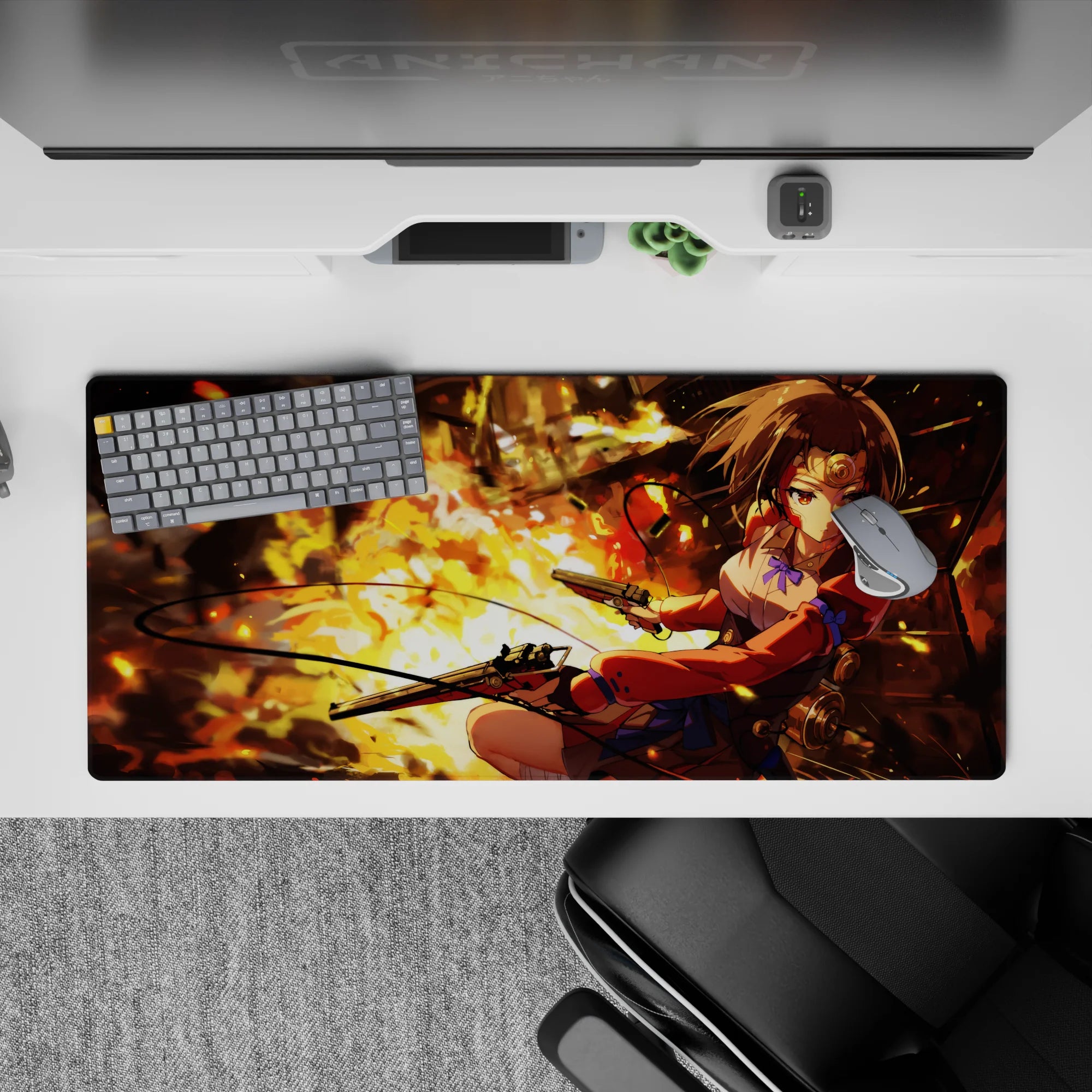 Anime girl desk pad 36x16 inches in fiery orange-gold glow with smoky shadows and bright red accents.