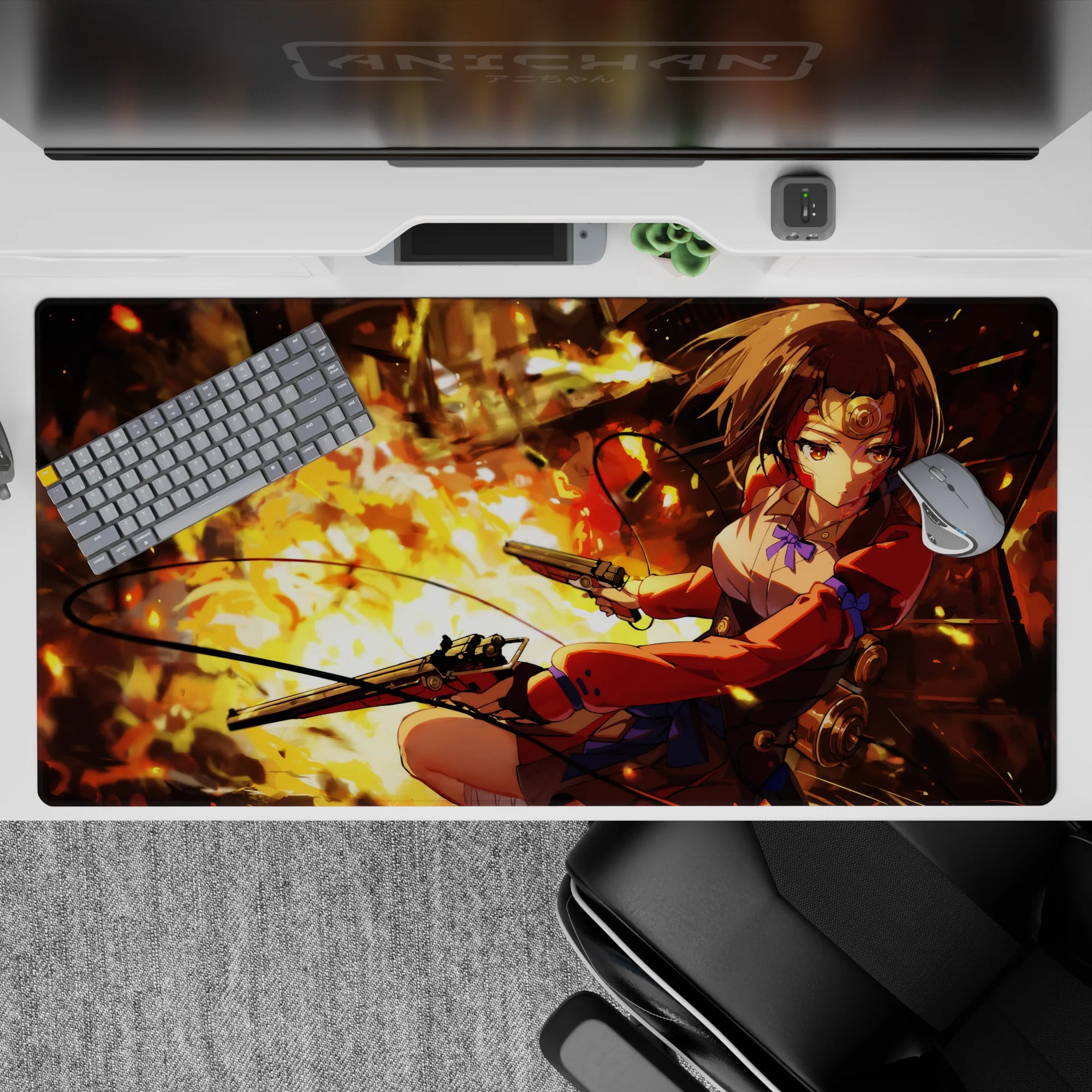 Fiery orange-gold anime desk pad 40x20 inches with smoky shadows, red jacket, and spark glow.