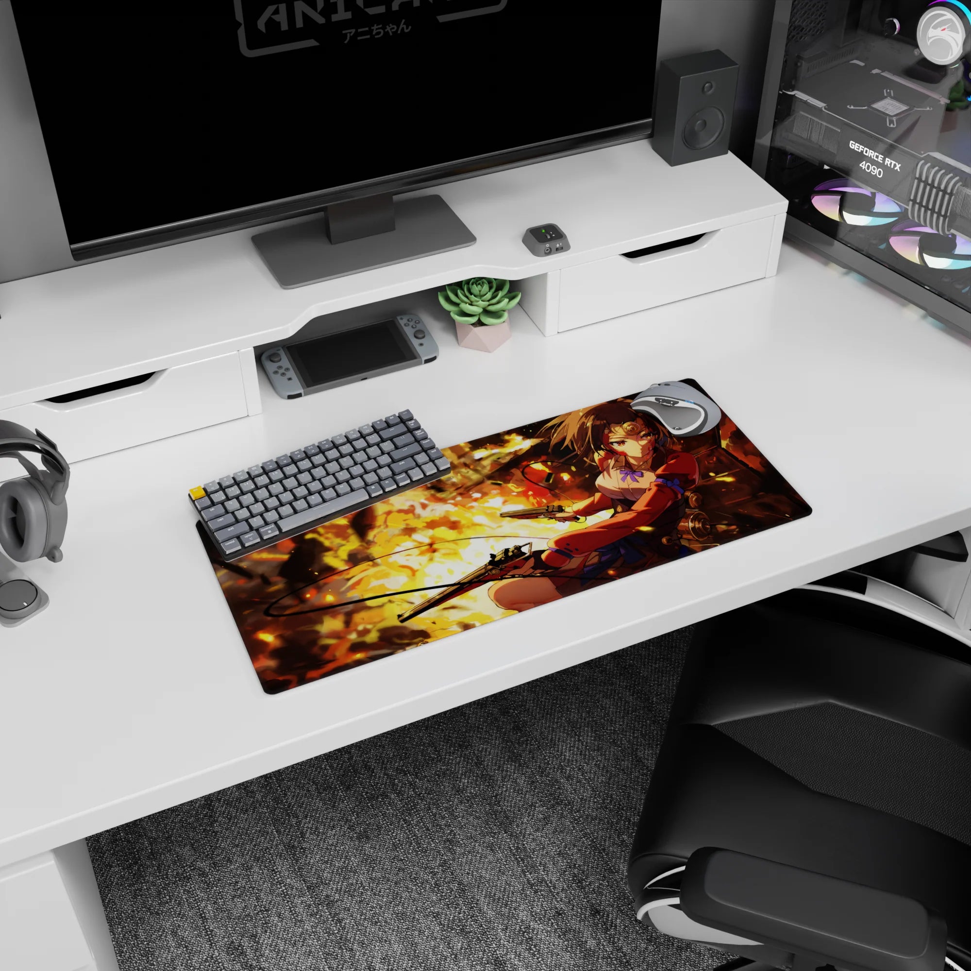 Anime girl mid-turn with twin guns, chestnut hair and blue bows on mouse pad 28x12 inches.