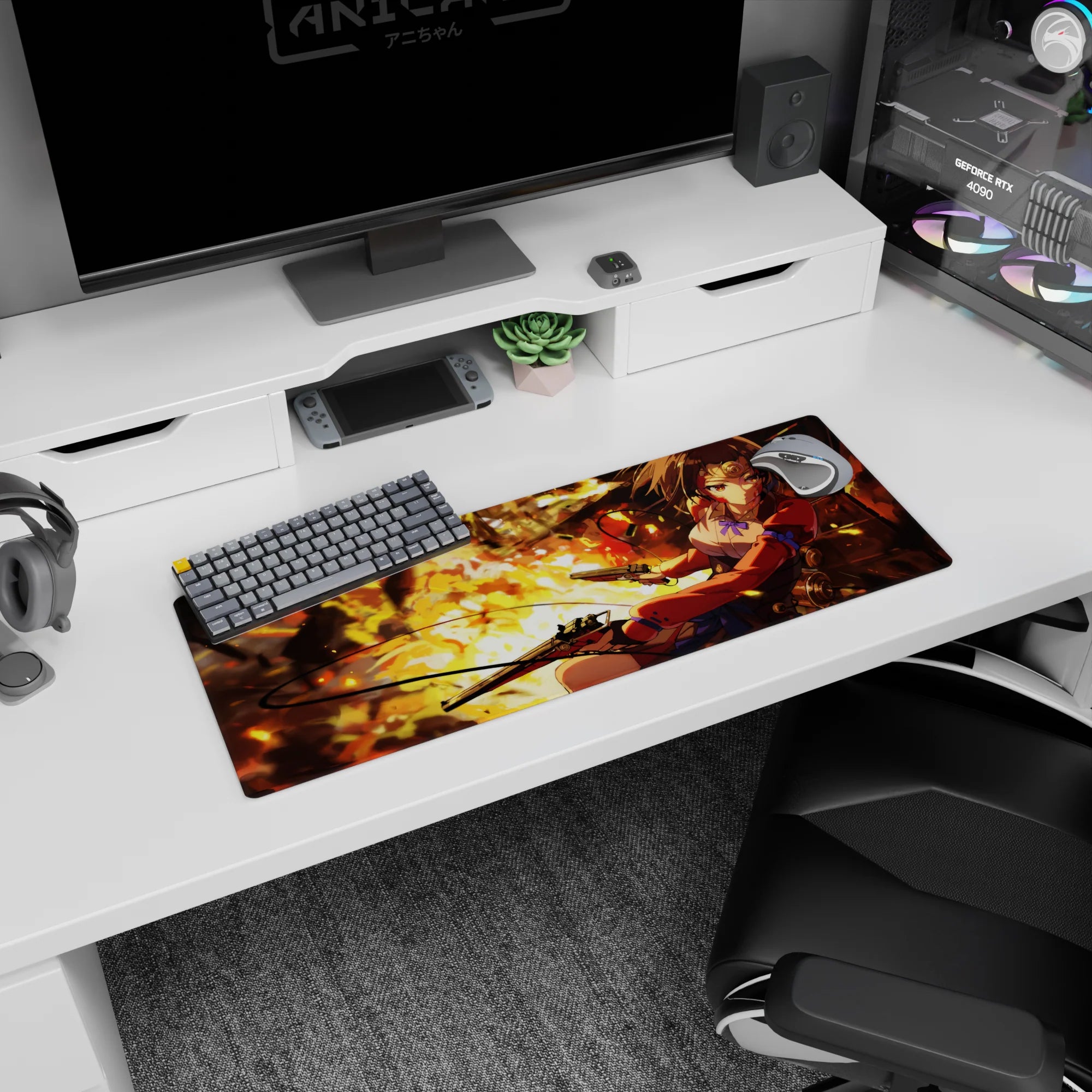 32x12 inches anime girl mouse pad showing chestnut-haired heroine mid-turn with twin pistols in a firestorm.