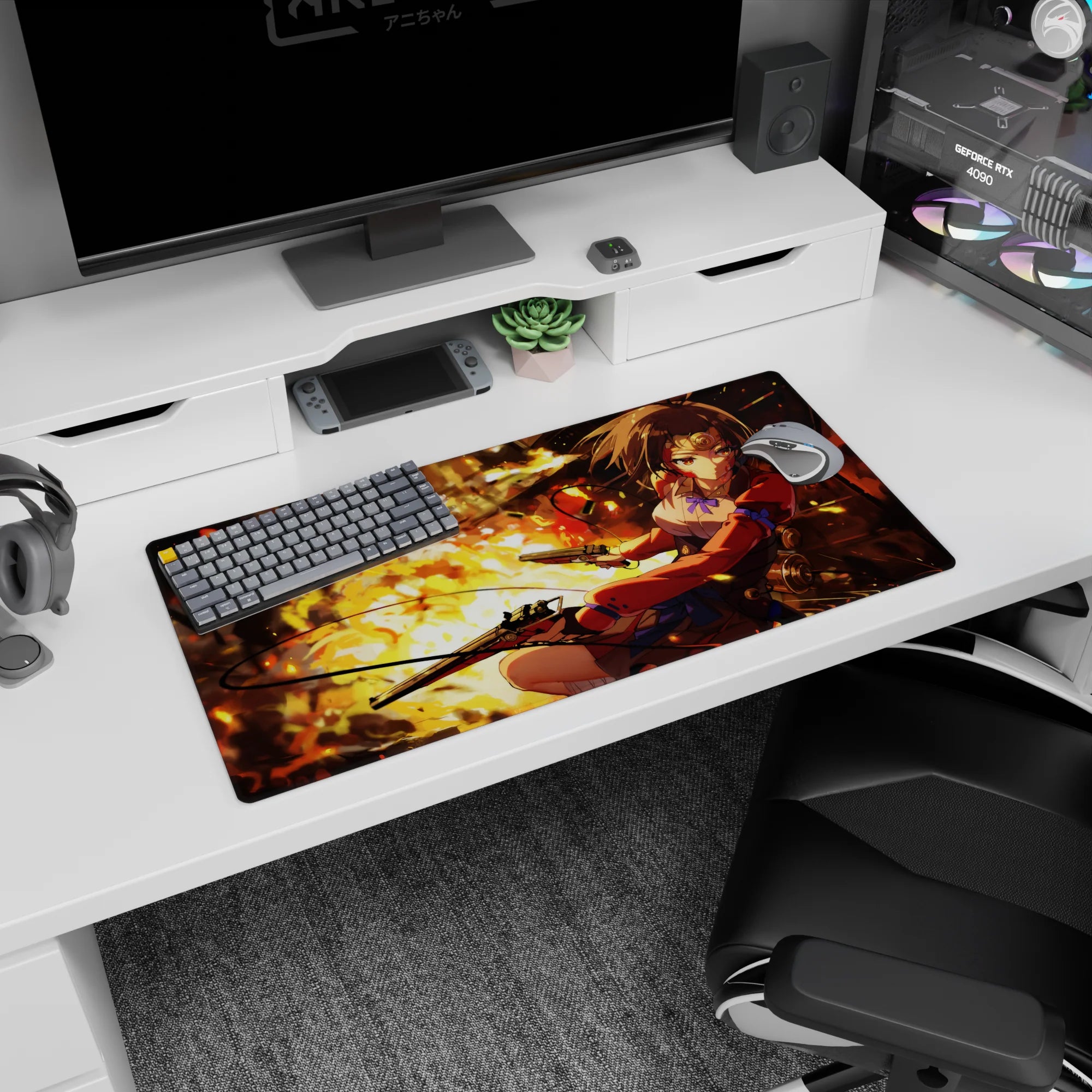 32x16 inches anime girl mouse pad showing chestnut-haired girl turning with twin pistols amid sparks.