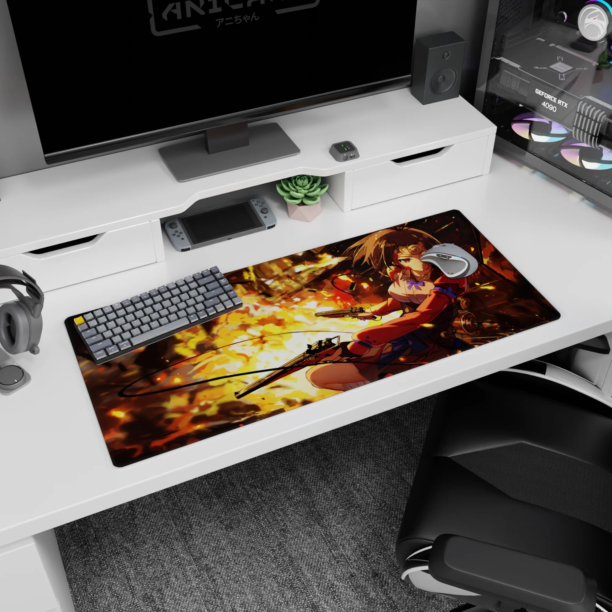 Anime girl desk pad 36x16 inches showing a chestnut-haired heroine mid-turn with twin pistols and blue bows.