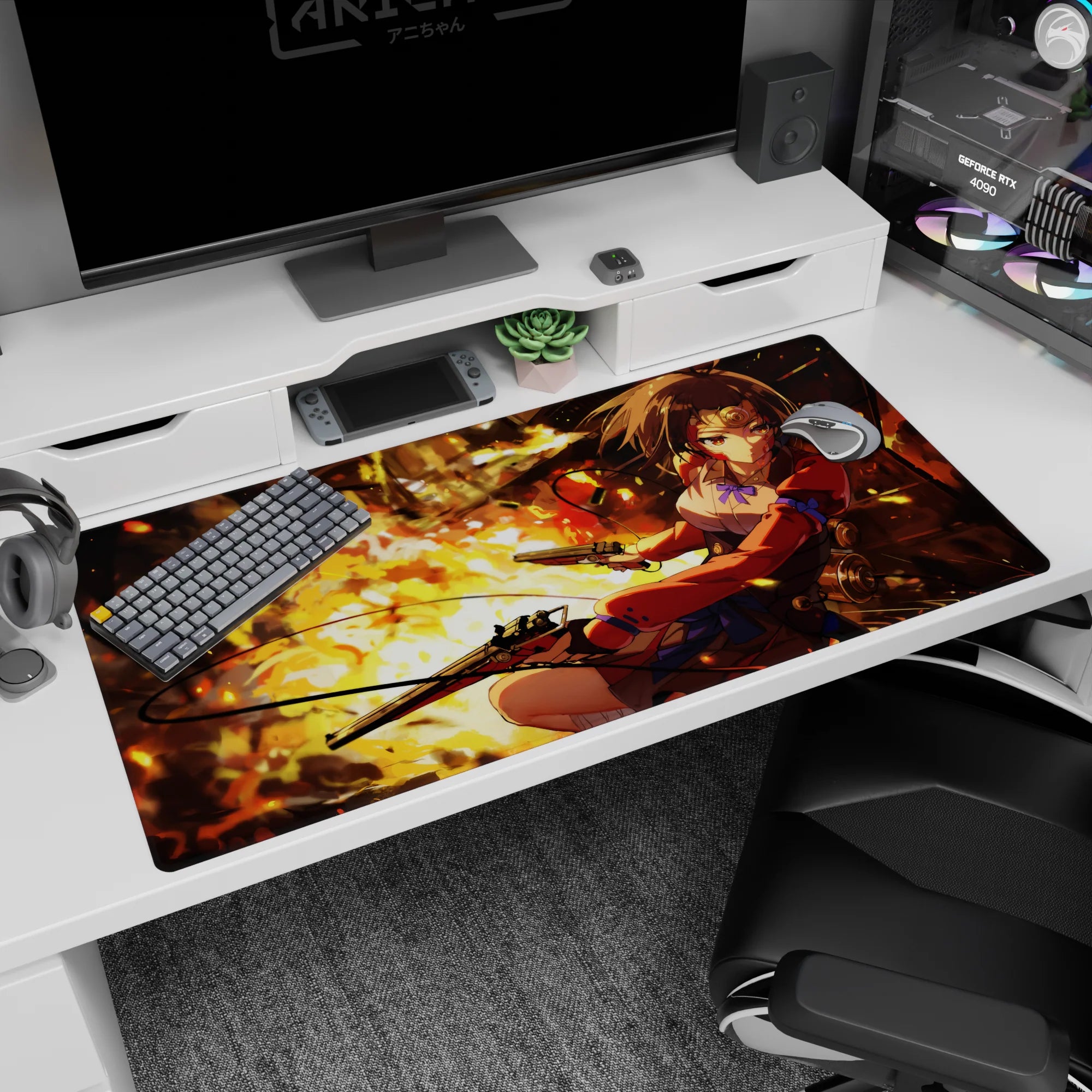 Anime girl mid-turn with dual pistols on desk pad 40x20 inches, chestnut hair and blue bows.