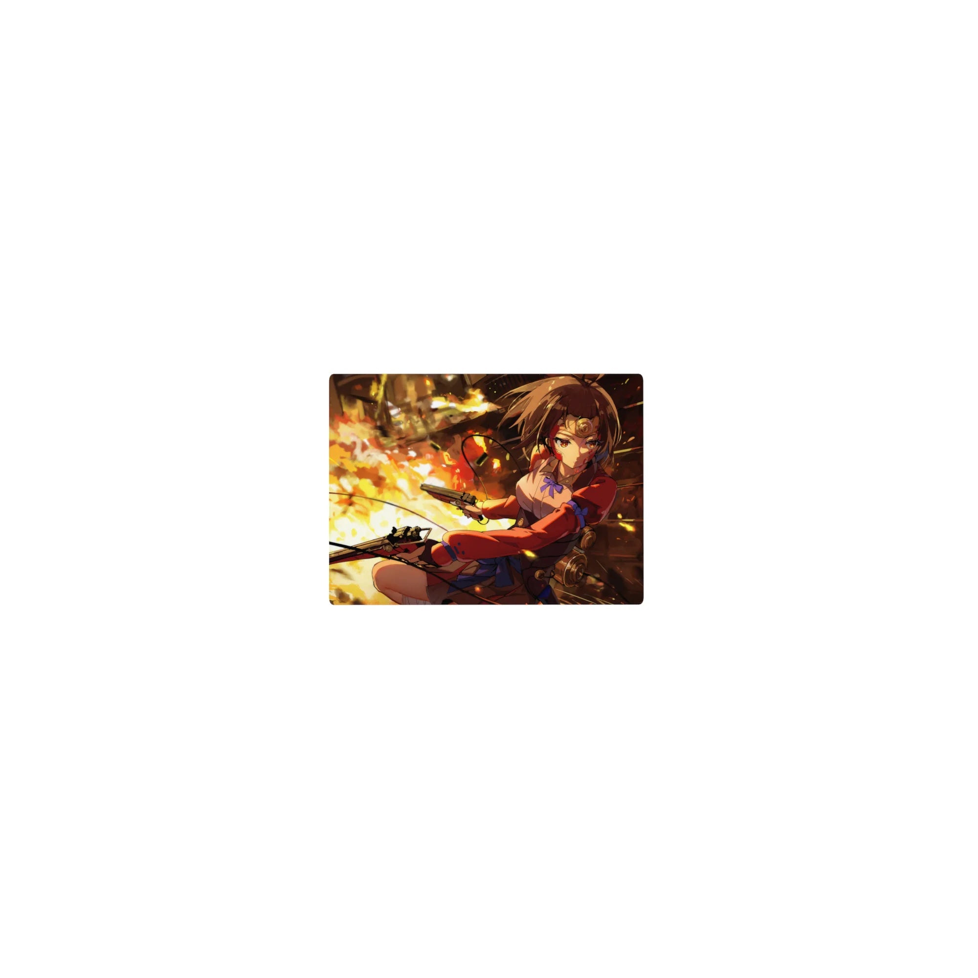 Classic anime girl mouse pad 14x10 inches with steampunk pistols, gears, and fiery action background.
